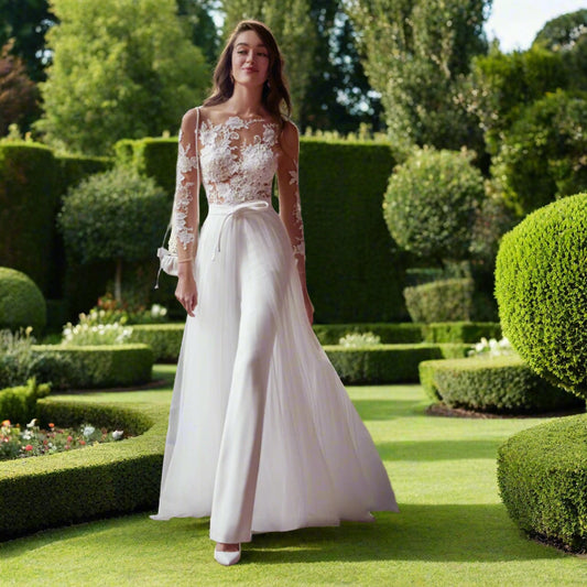 Lace Top Wedding Jumpsuit with Detachable Skirt