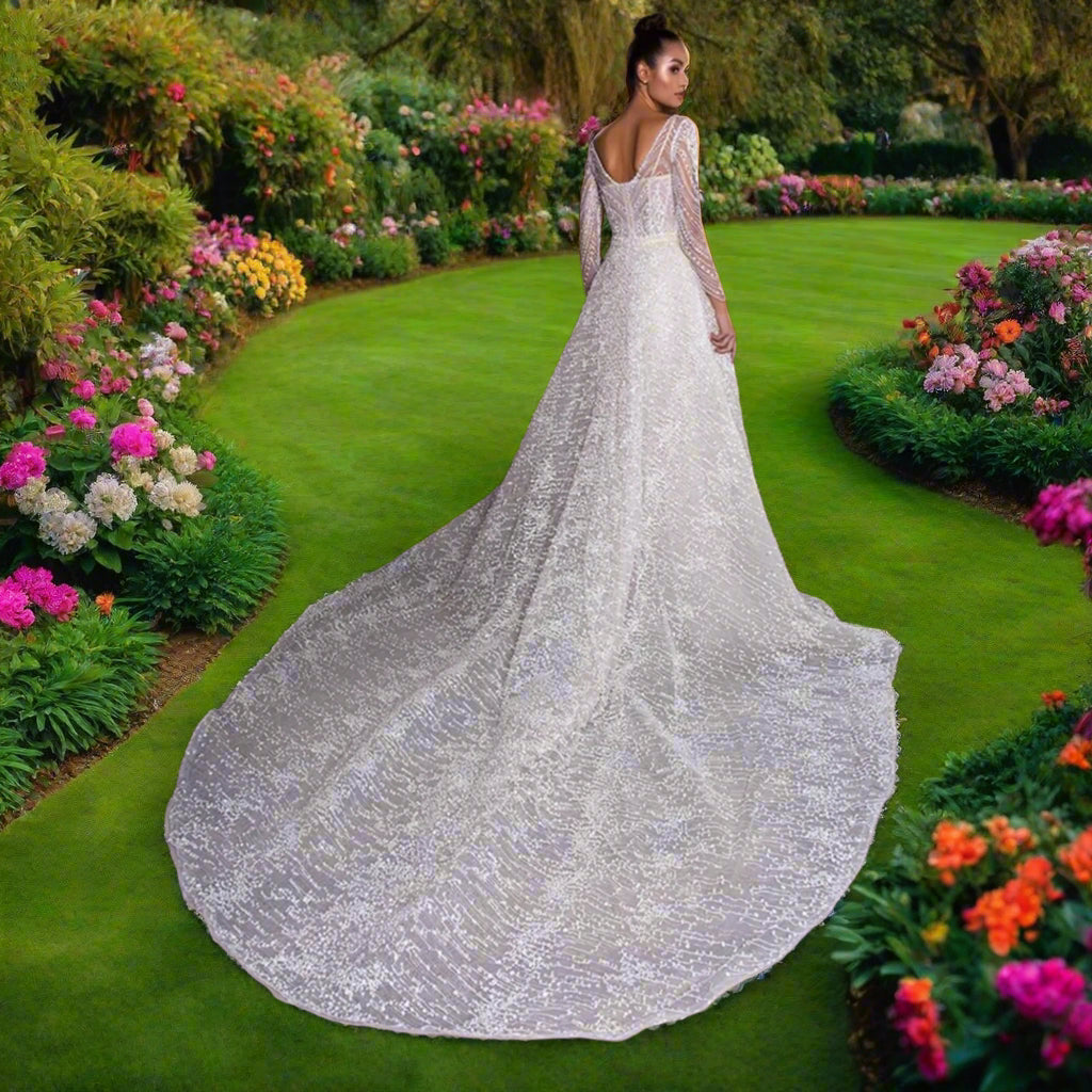 2in1 Beaded Long Sleeve Mermaid Wedding Dress with Detachable Train