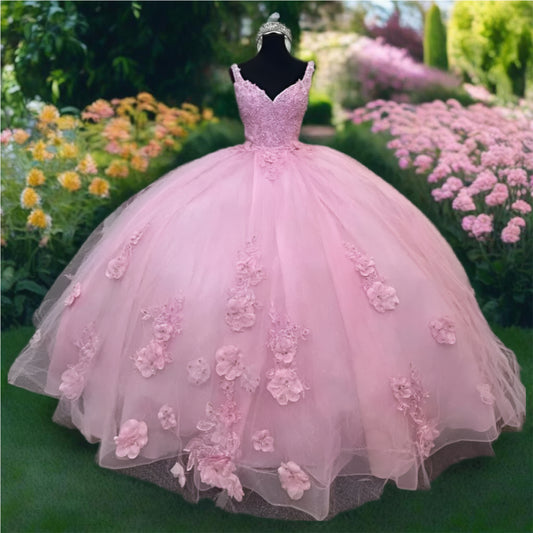 Pink Quinceanera Dress with 3D Handmade Flowers Appliques
