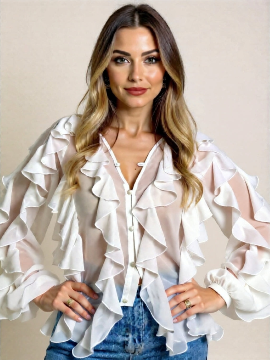 Ruffled Sheer Long Sleeve Blouse