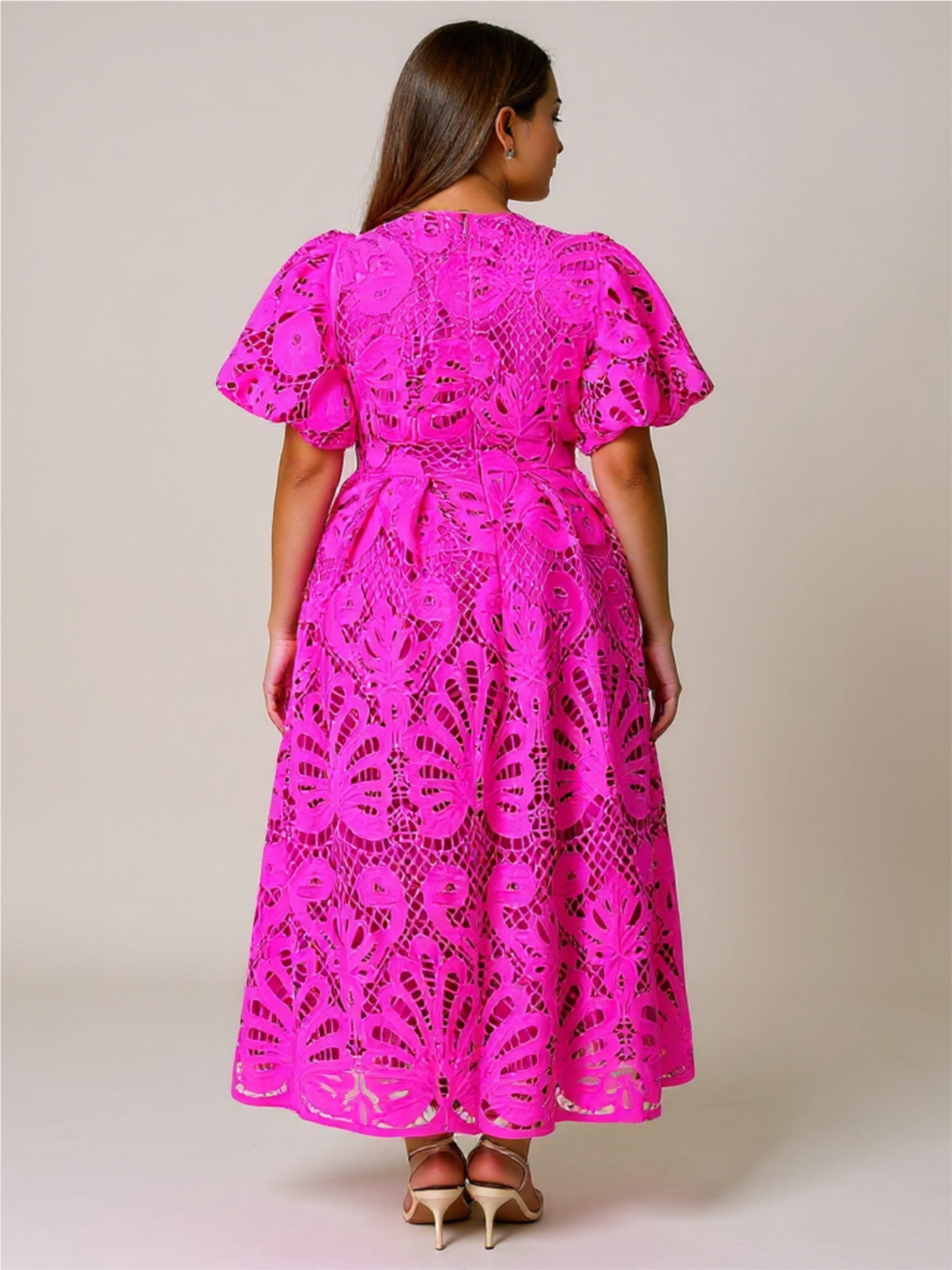 V-Neck Puff Sleeve Lace Dress
