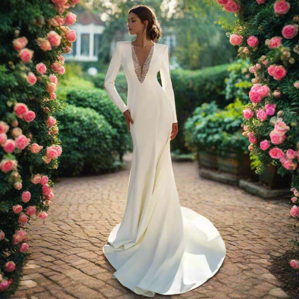 Full Sleeve V Neck Wedding Gown