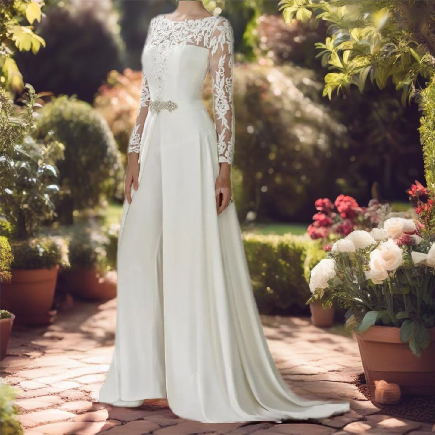 White Wedding Jumpsuit With Overskirt