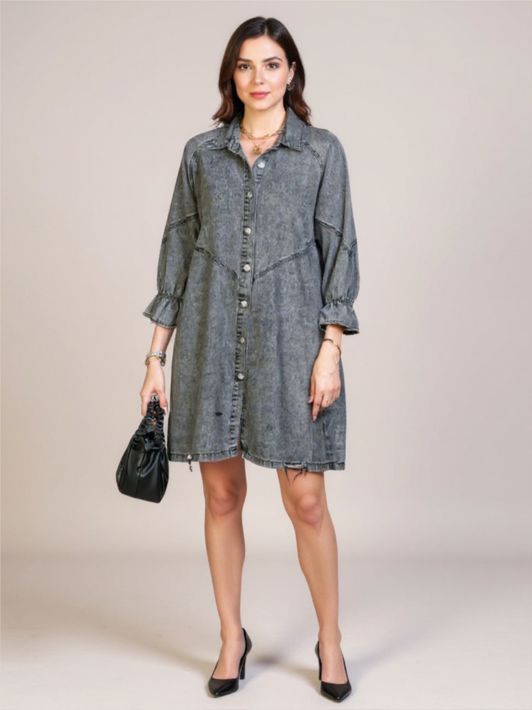 Distressed Collared Neck Flounce Sleeve Denim Dress