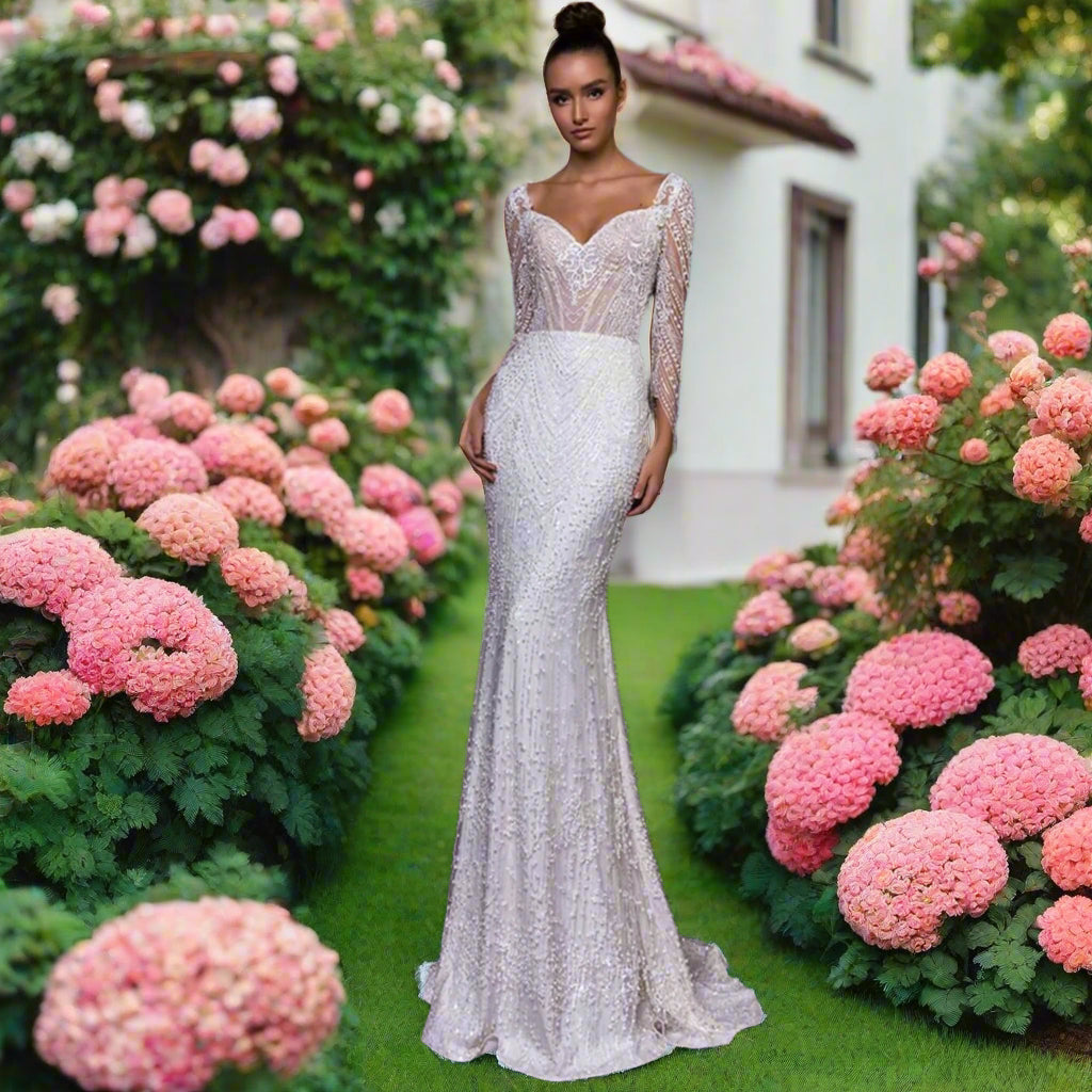 2in1 Beaded Long Sleeve Mermaid Wedding Dress with Detachable Train