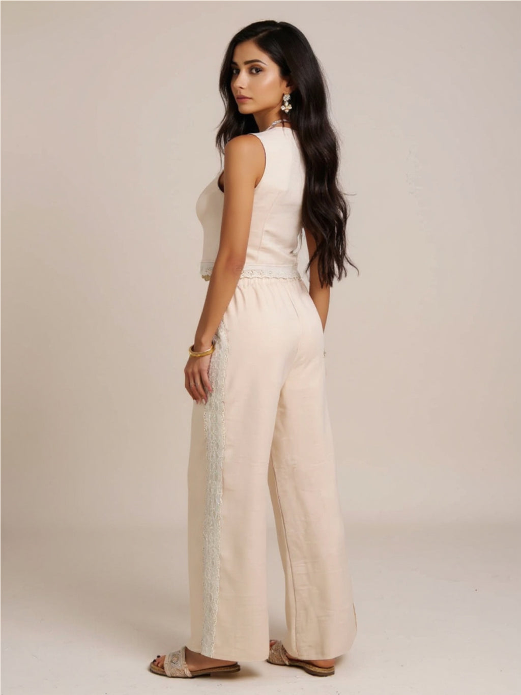 Button Down Lace Detailed Vest & Pants Set