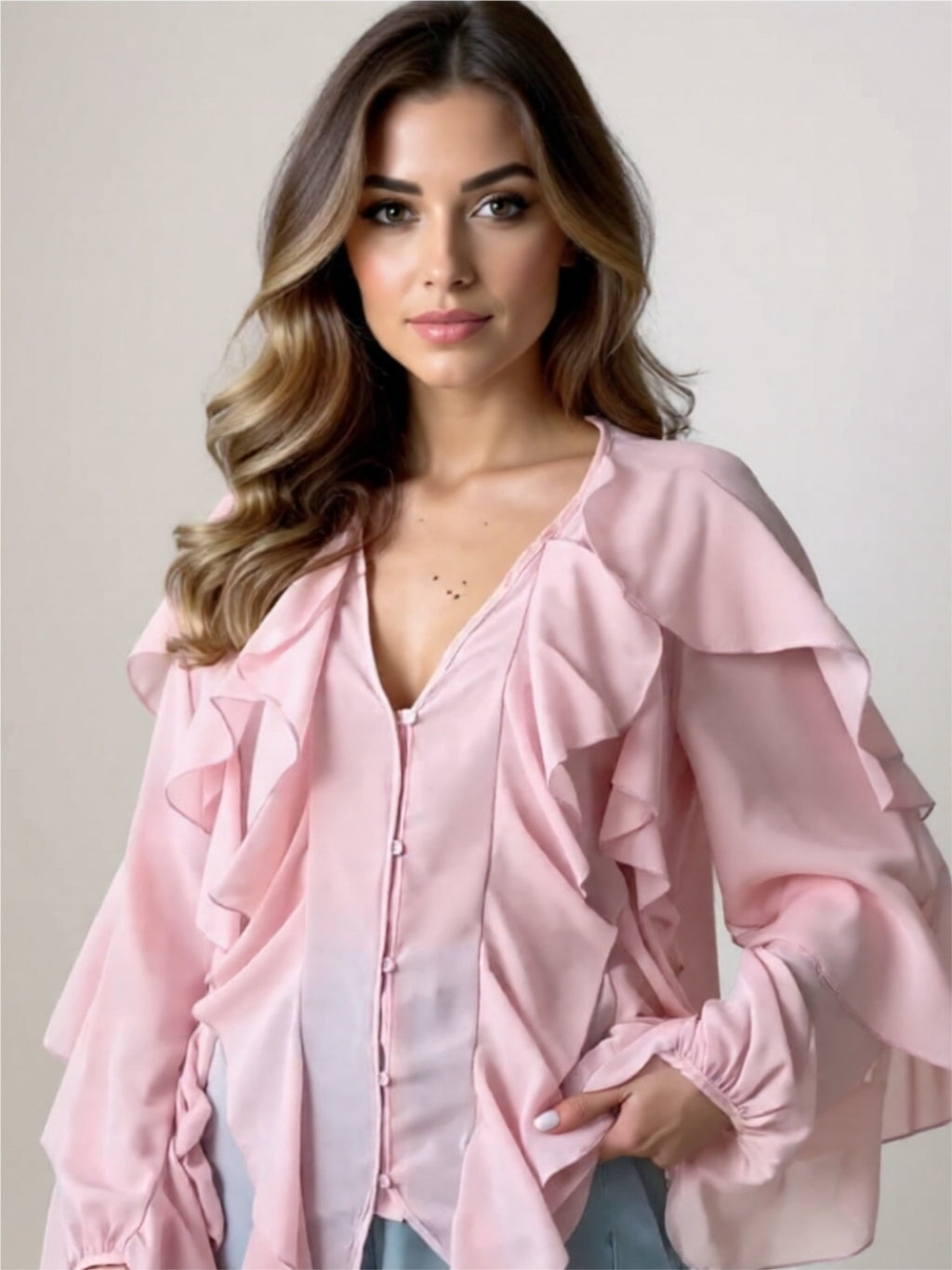 Ruffled Sheer Long Sleeve Blouse