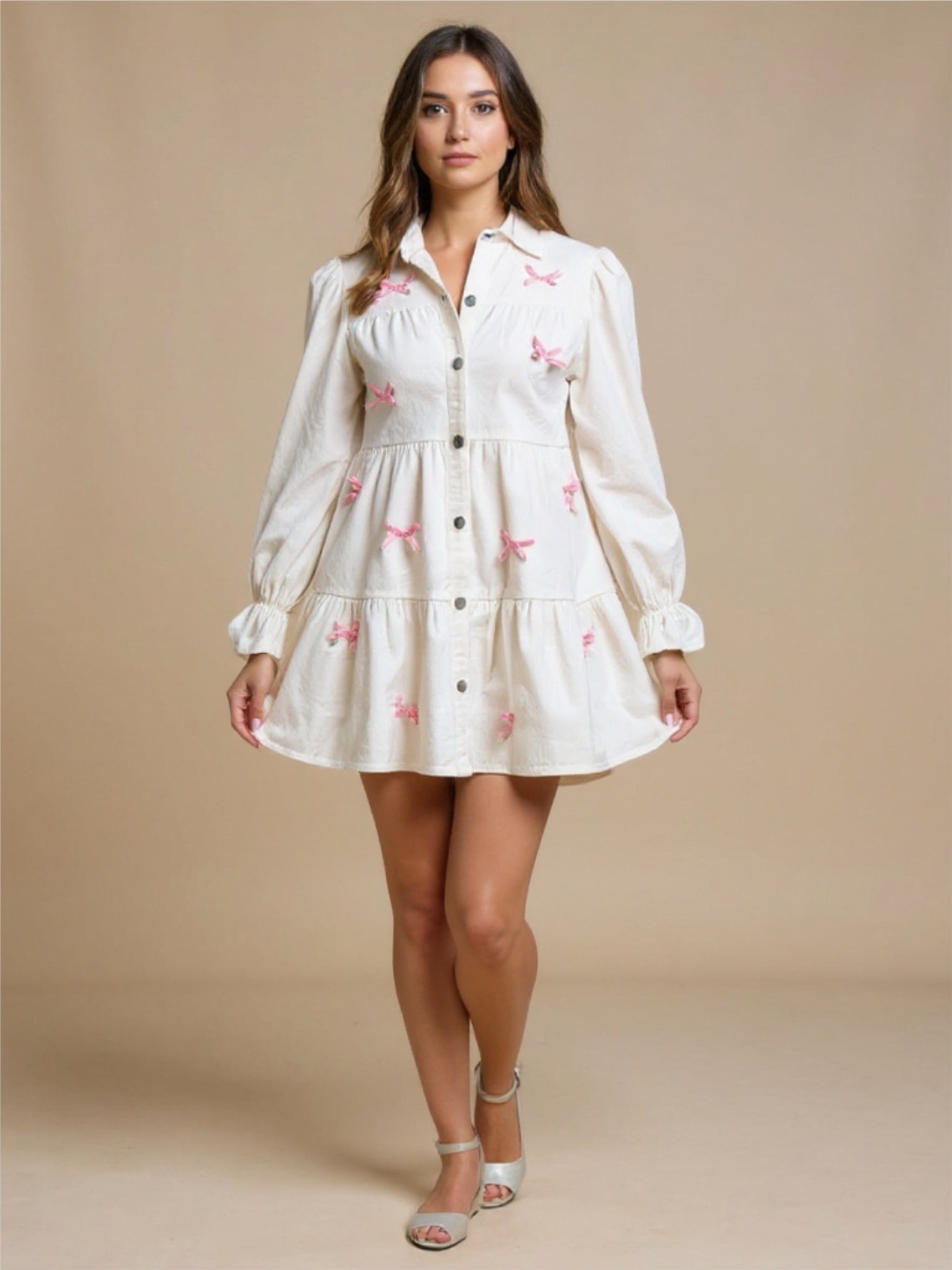Collared Neck Flounce Sleeve Mini Dress with Bow Accents