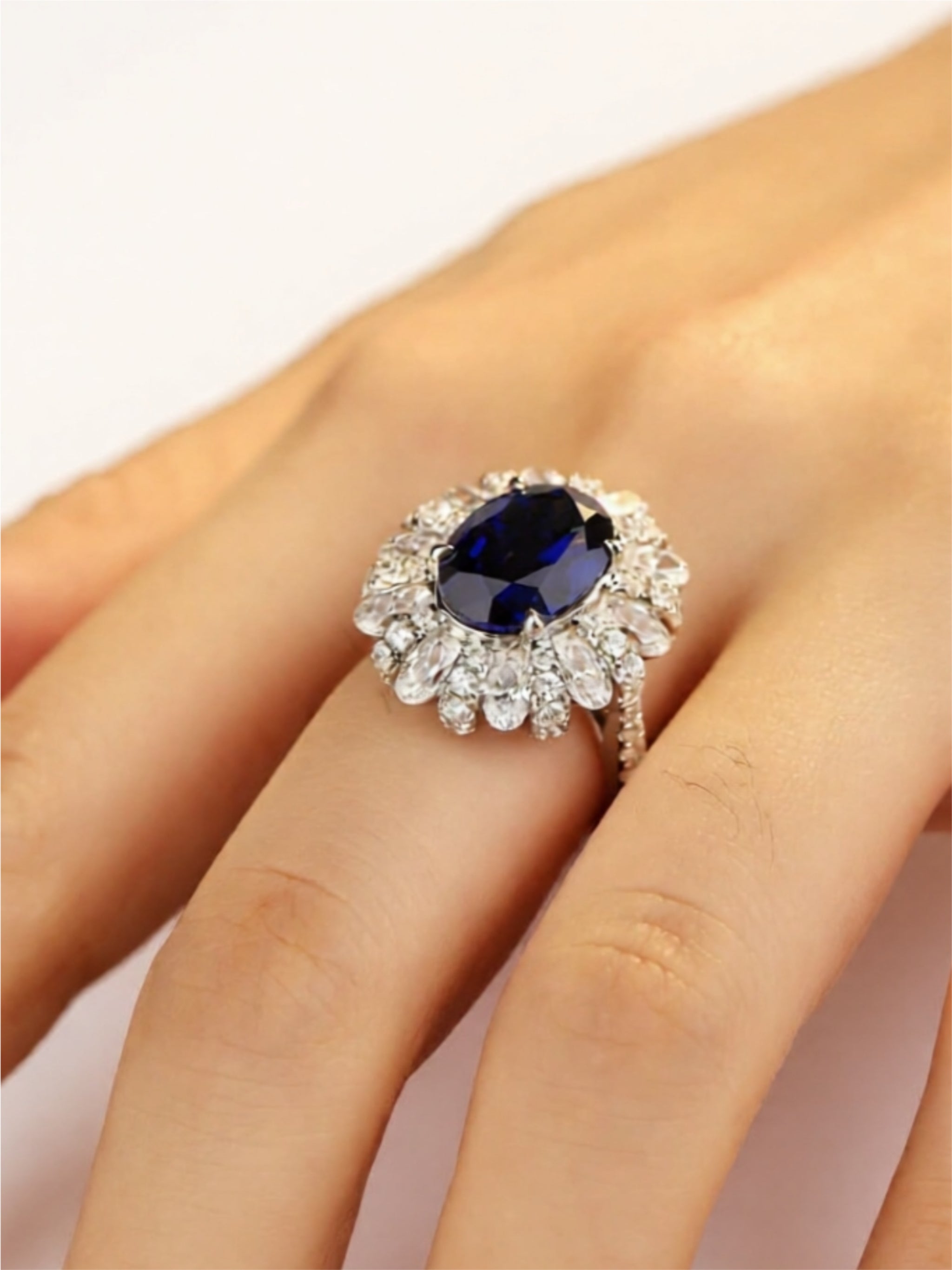 Sterling Silver Ring with 5-Carat Sapphire and Zircon Halo