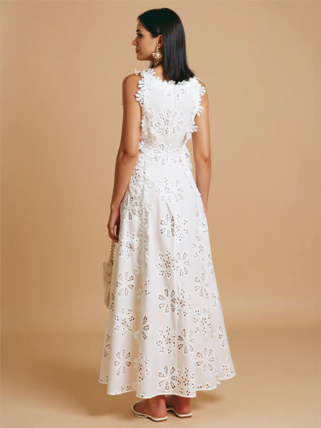 White Lace Embroidered Fitted Maxi Dress