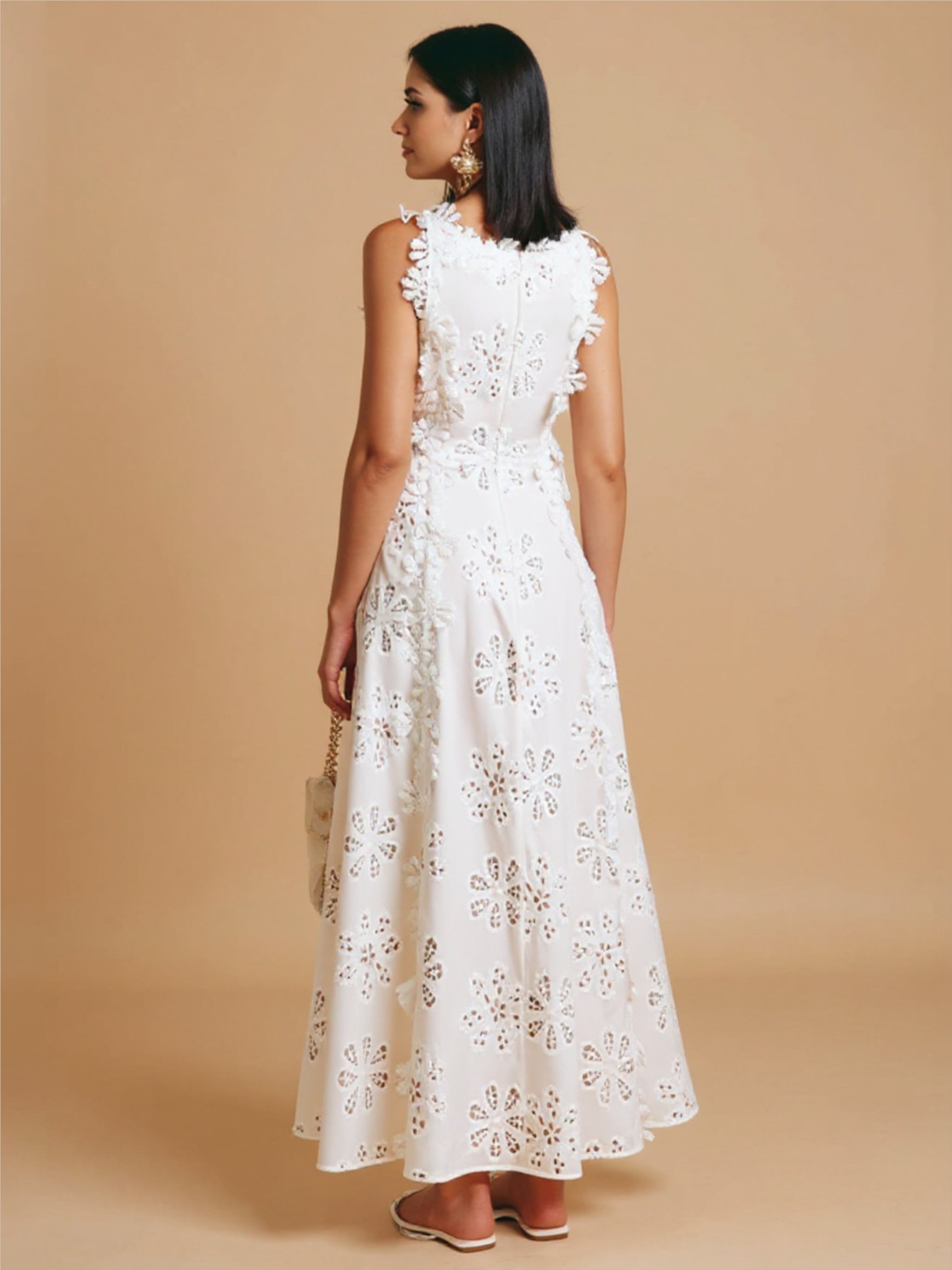 White Lace Embroidered Fitted Maxi Dress