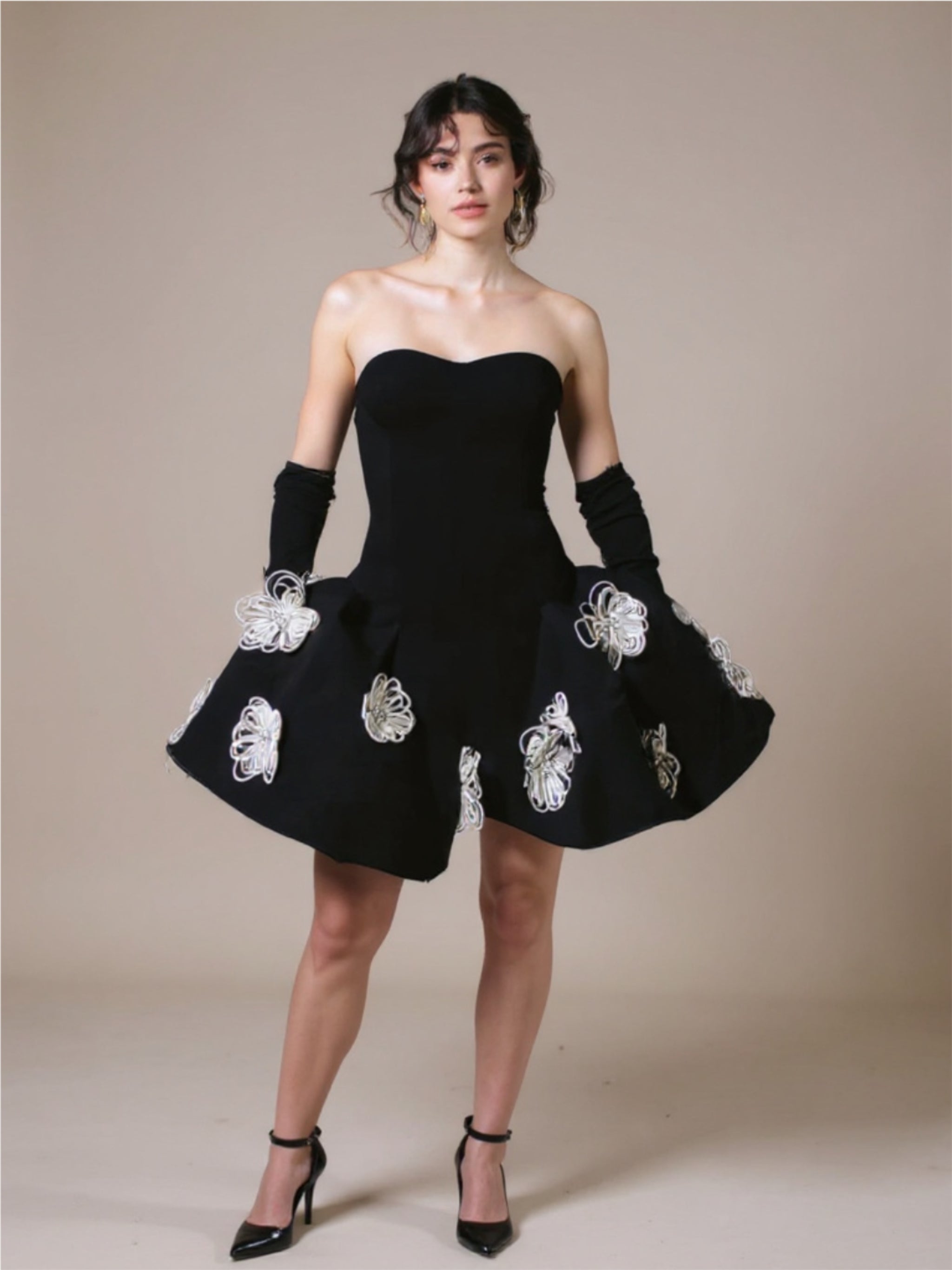 Black Floral Strapless Mini Dress