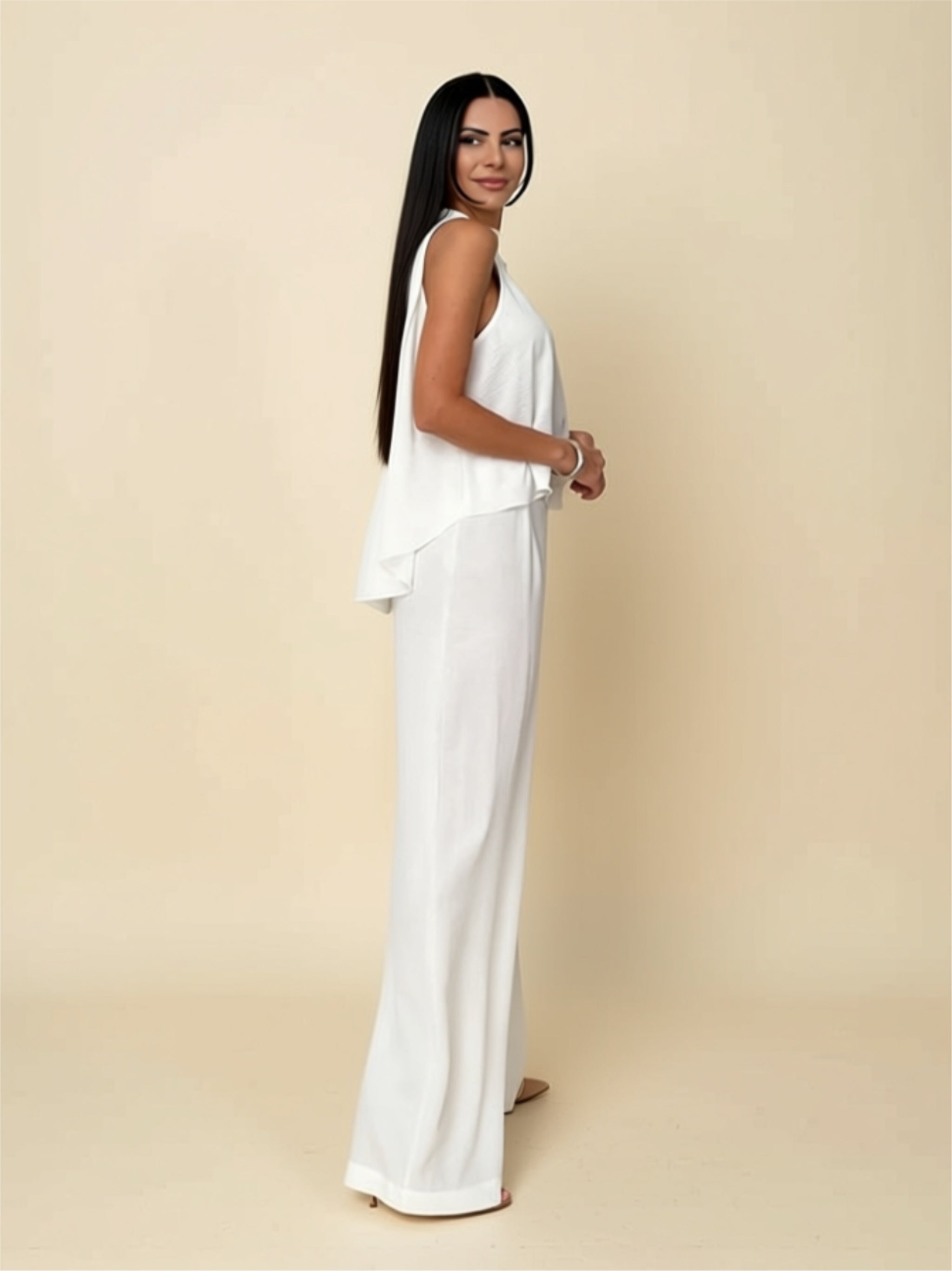 Elegant Sleeveless Cape Top & Wide‑Leg Pant Set