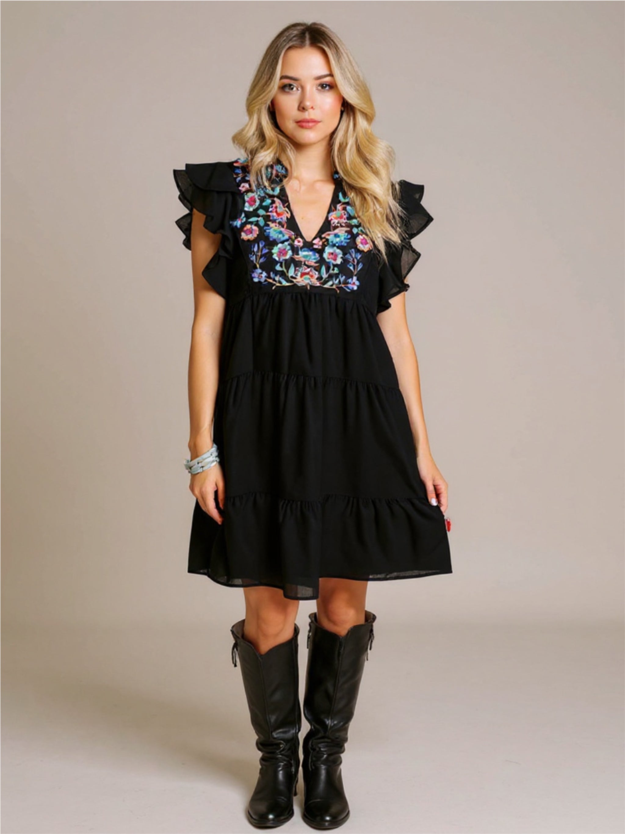 Embroidered Ruffled Cap Sleeve Mini Dress