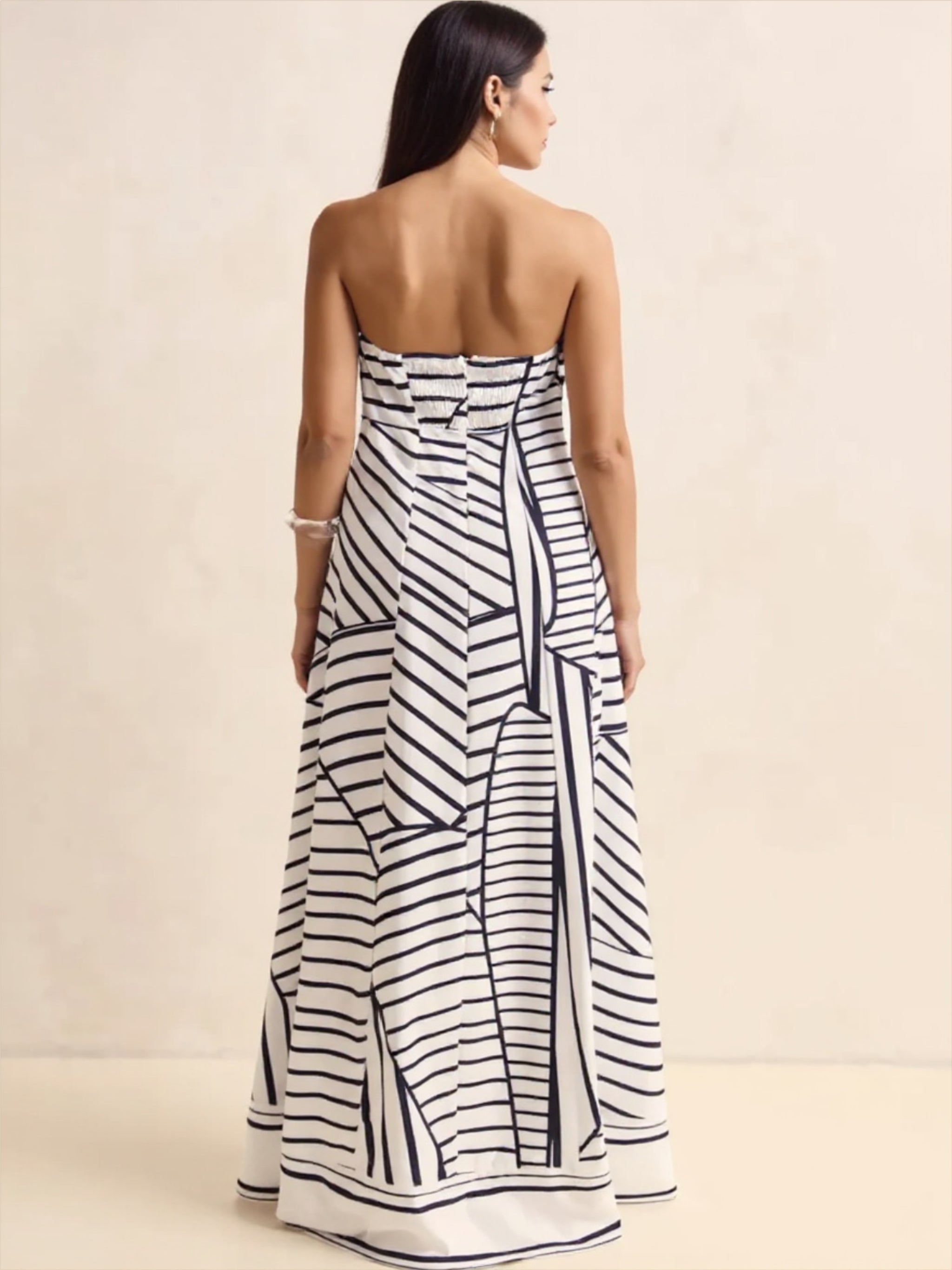 Strapless Black & White Striped Maxi Dress