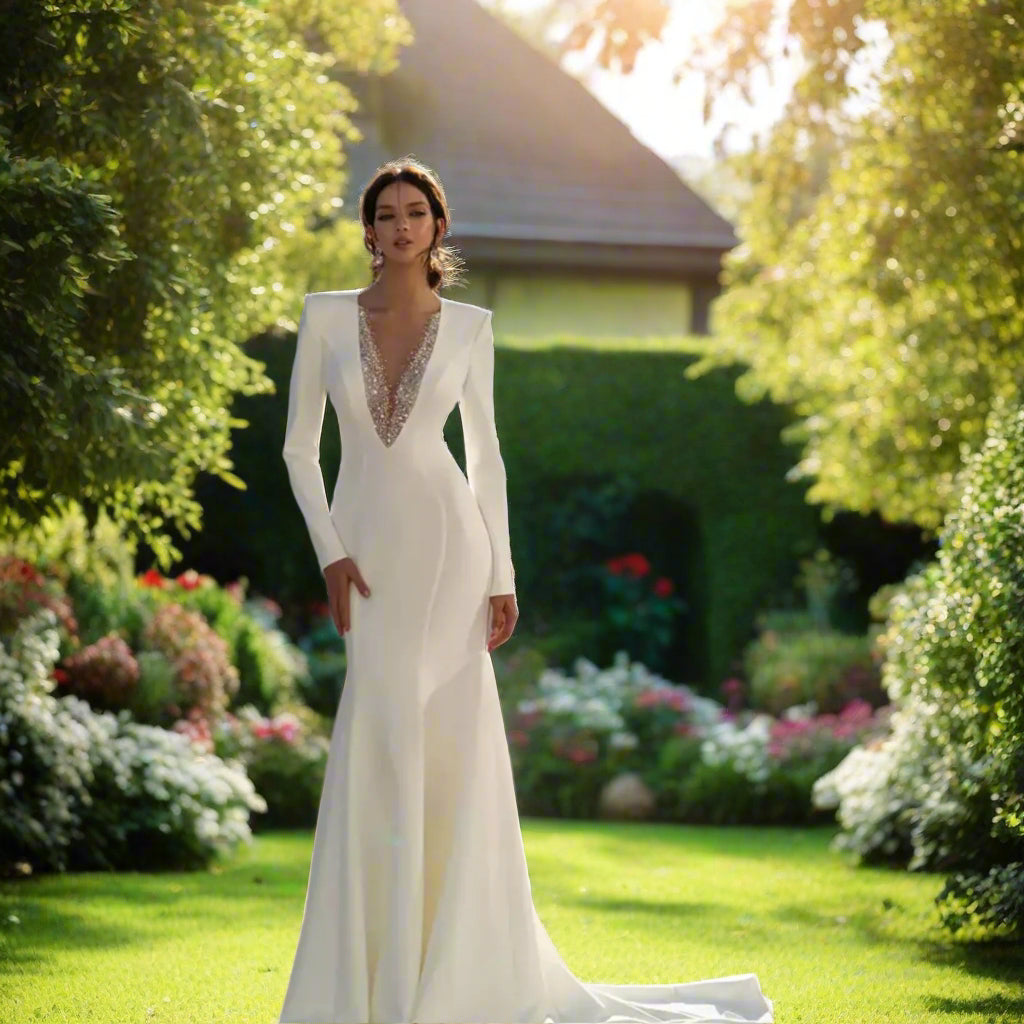 Full Sleeve V Neck Wedding Gown