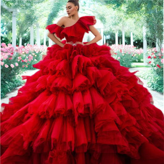 Red Tulle Tiered Ruffles Quinceanera Dress