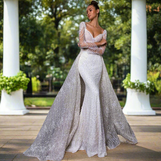 2in1 Beaded Long Sleeve Mermaid Wedding Dress with Detachable Train