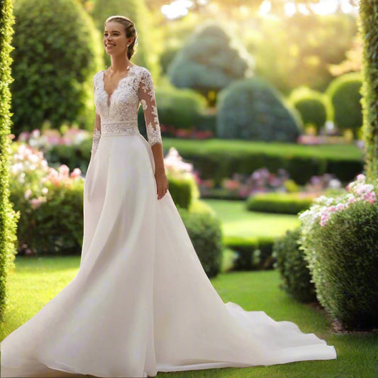 V-Neck Lace Long Sleeved Princess A-Line Bridal Gown