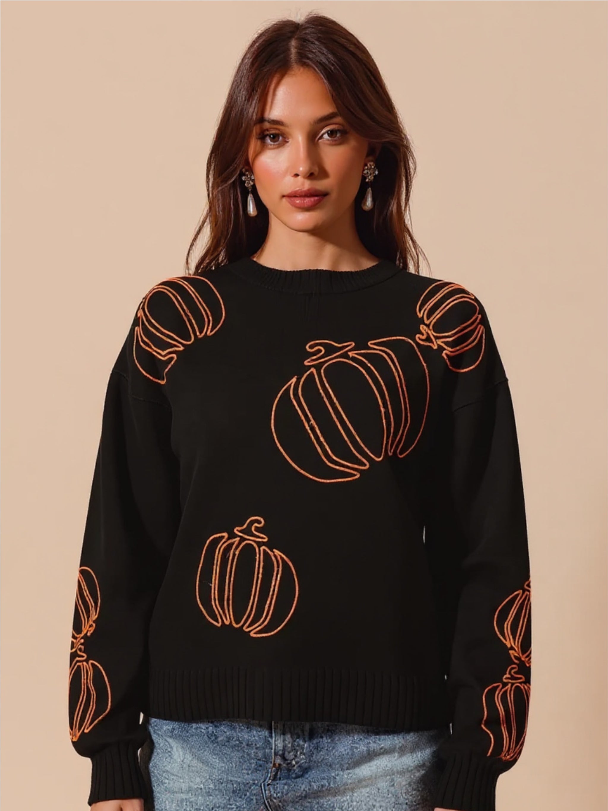 Pumpkin Embroidered Halloween Thanksgiving Sweater