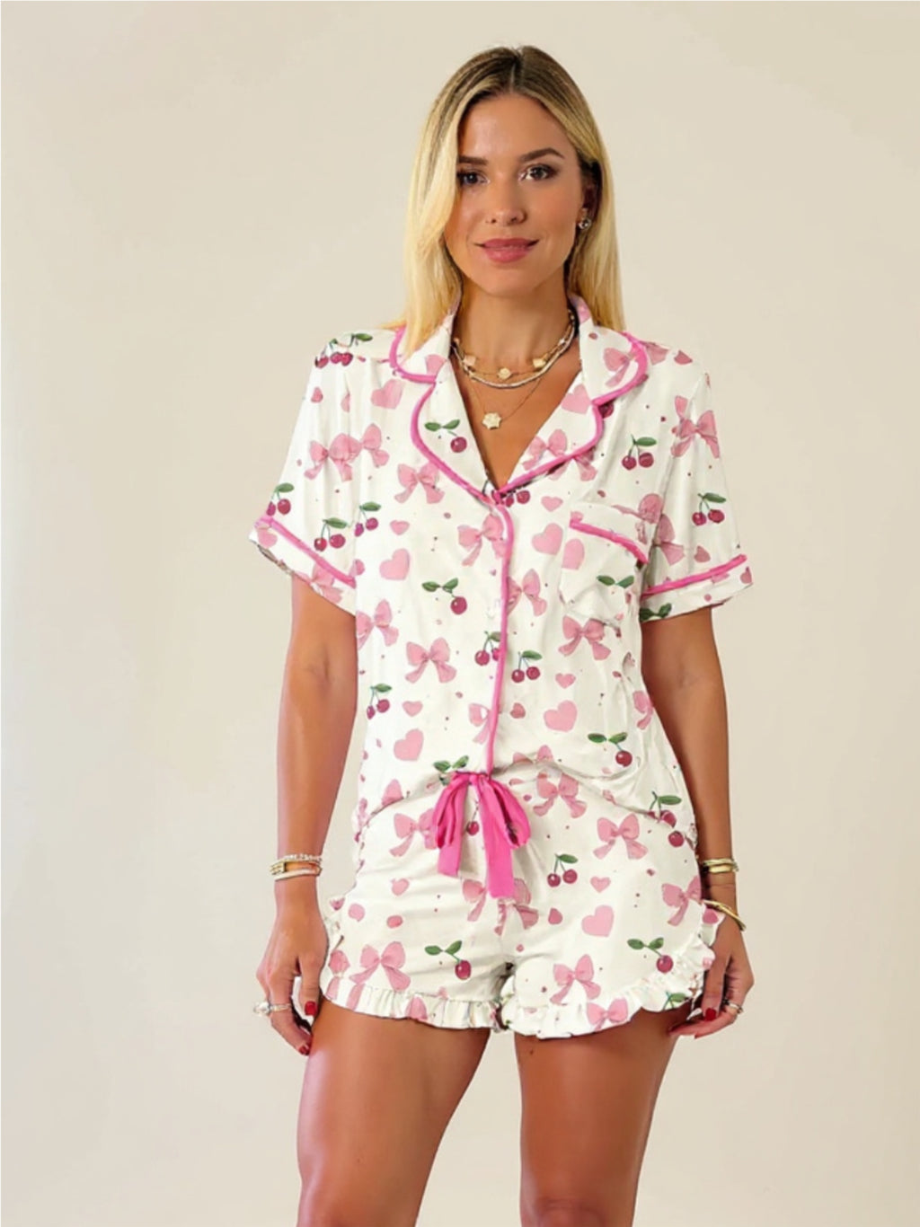 Printed Button Up Short Sleeve Top & Shorts Pajama Set