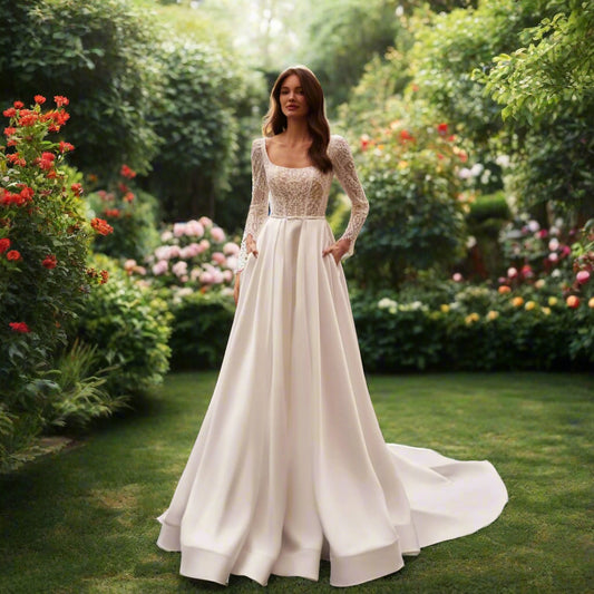 Long Sleeve A-line Satin Lace Wedding Dress