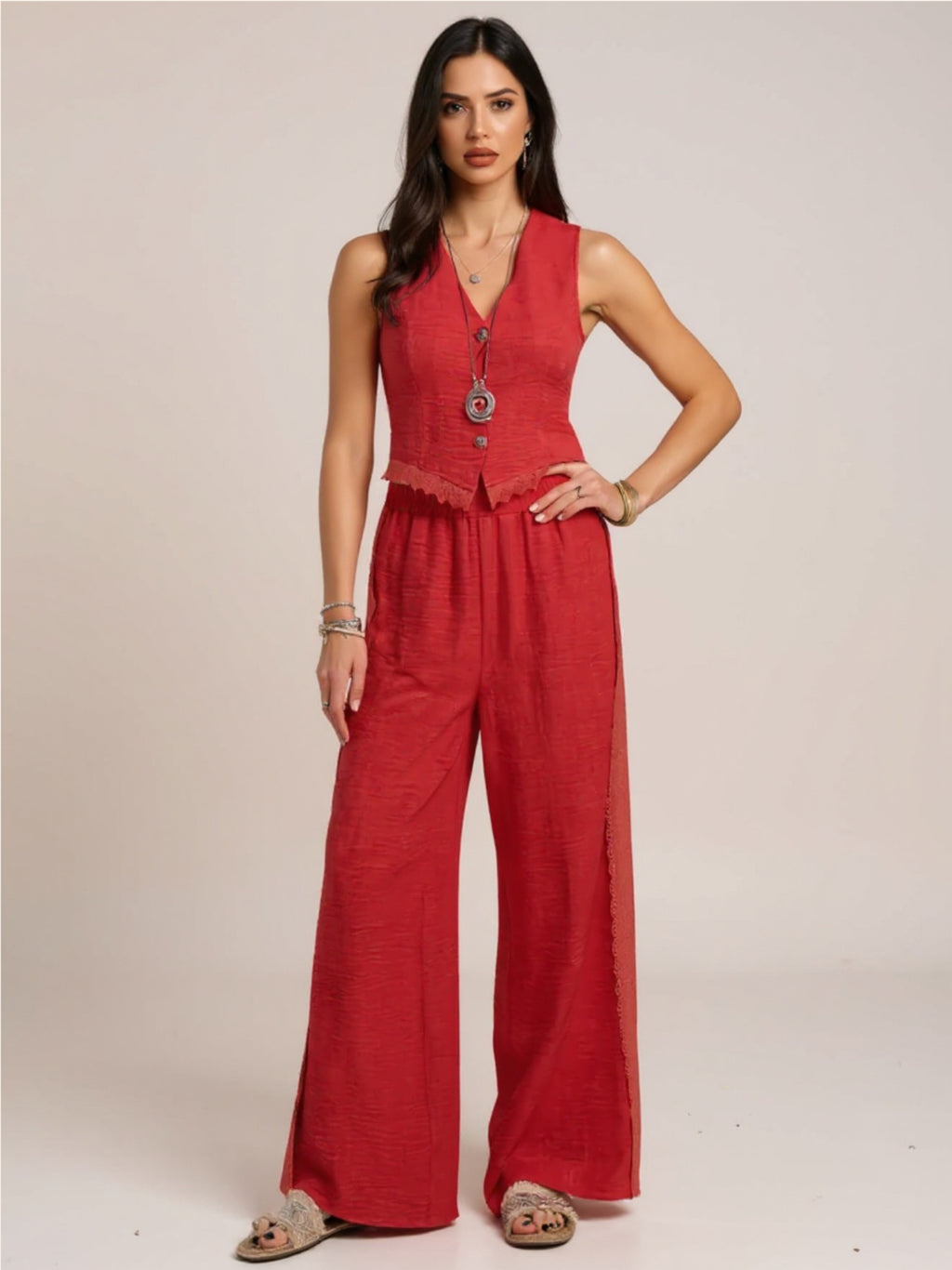 Button Down Lace Detailed Vest & Pants Set