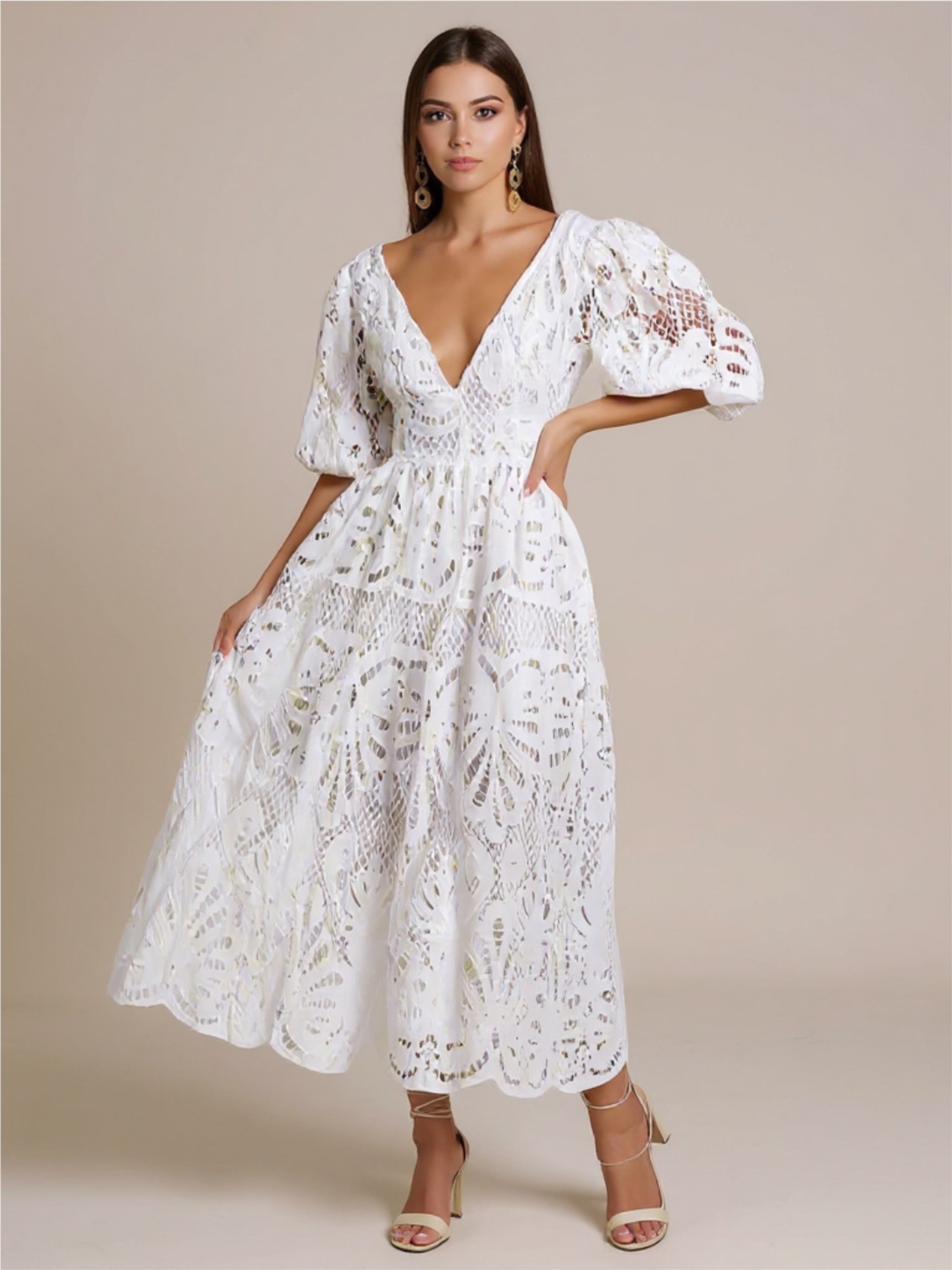 V-Neck Lace Puff Sleeve Dress