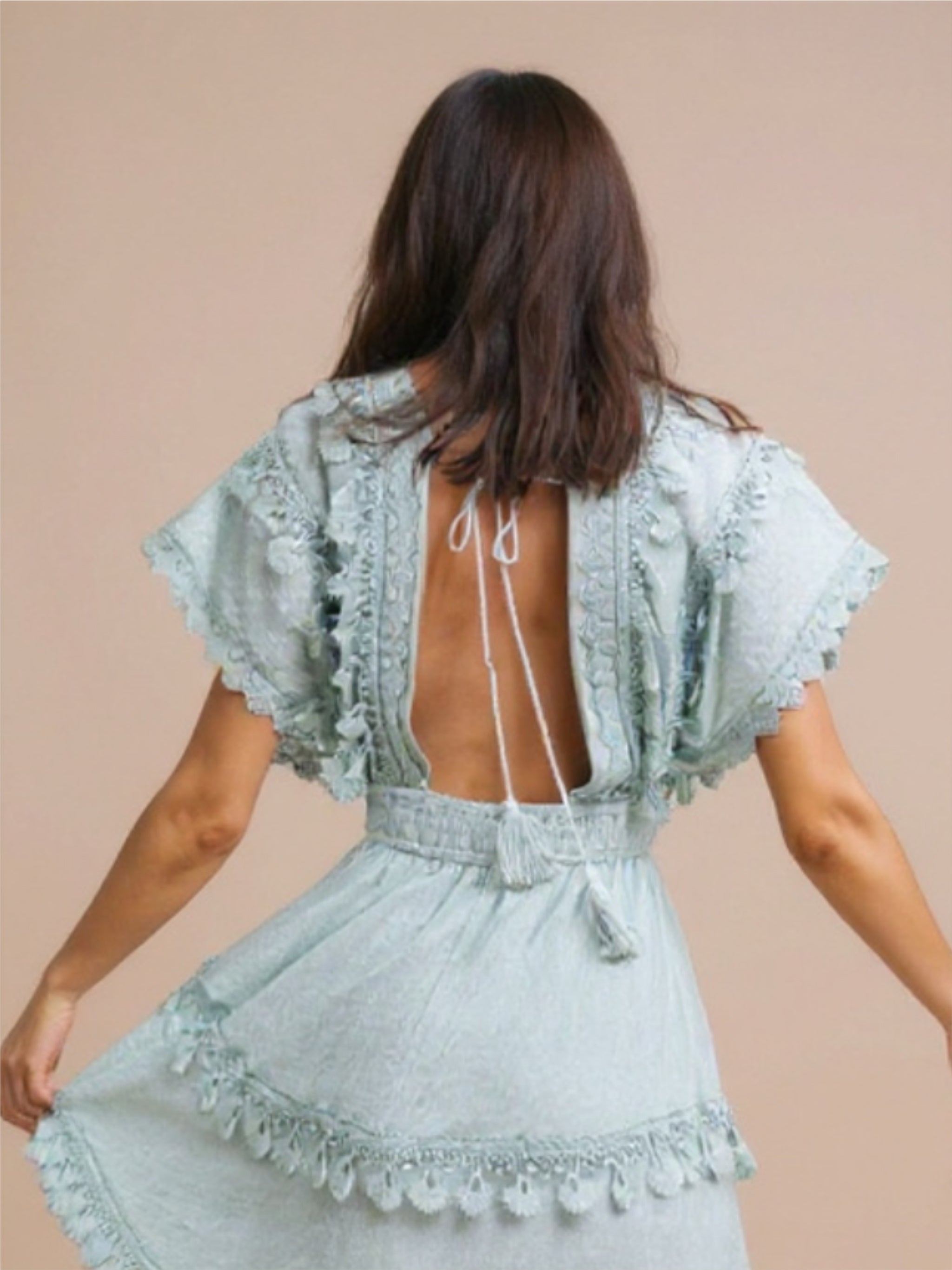 Sage Lace Detailed Short Sleeve Mini Dress
