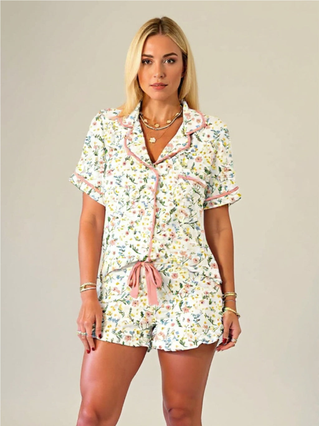 Printed Button Up Short Sleeve Top & Shorts Pajama Set