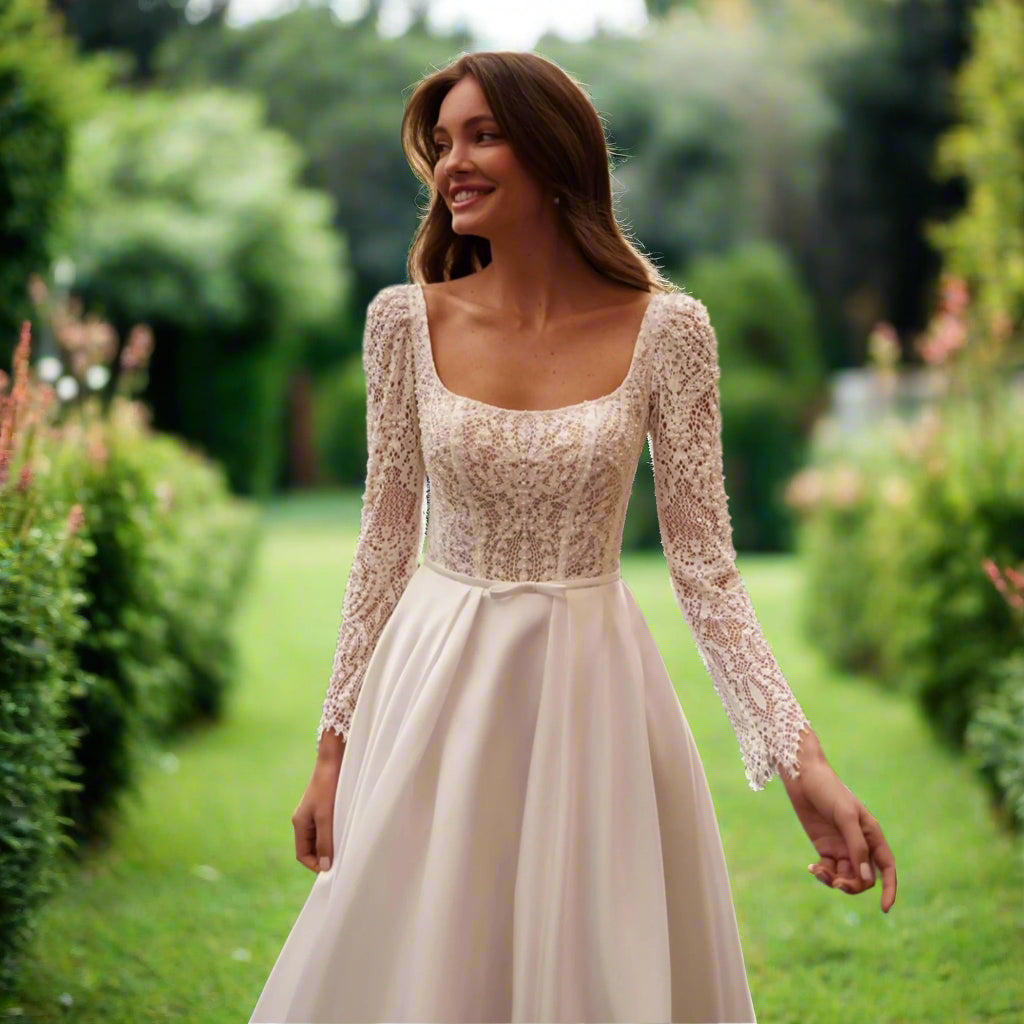Long Sleeve A-line Satin Lace Wedding Dress