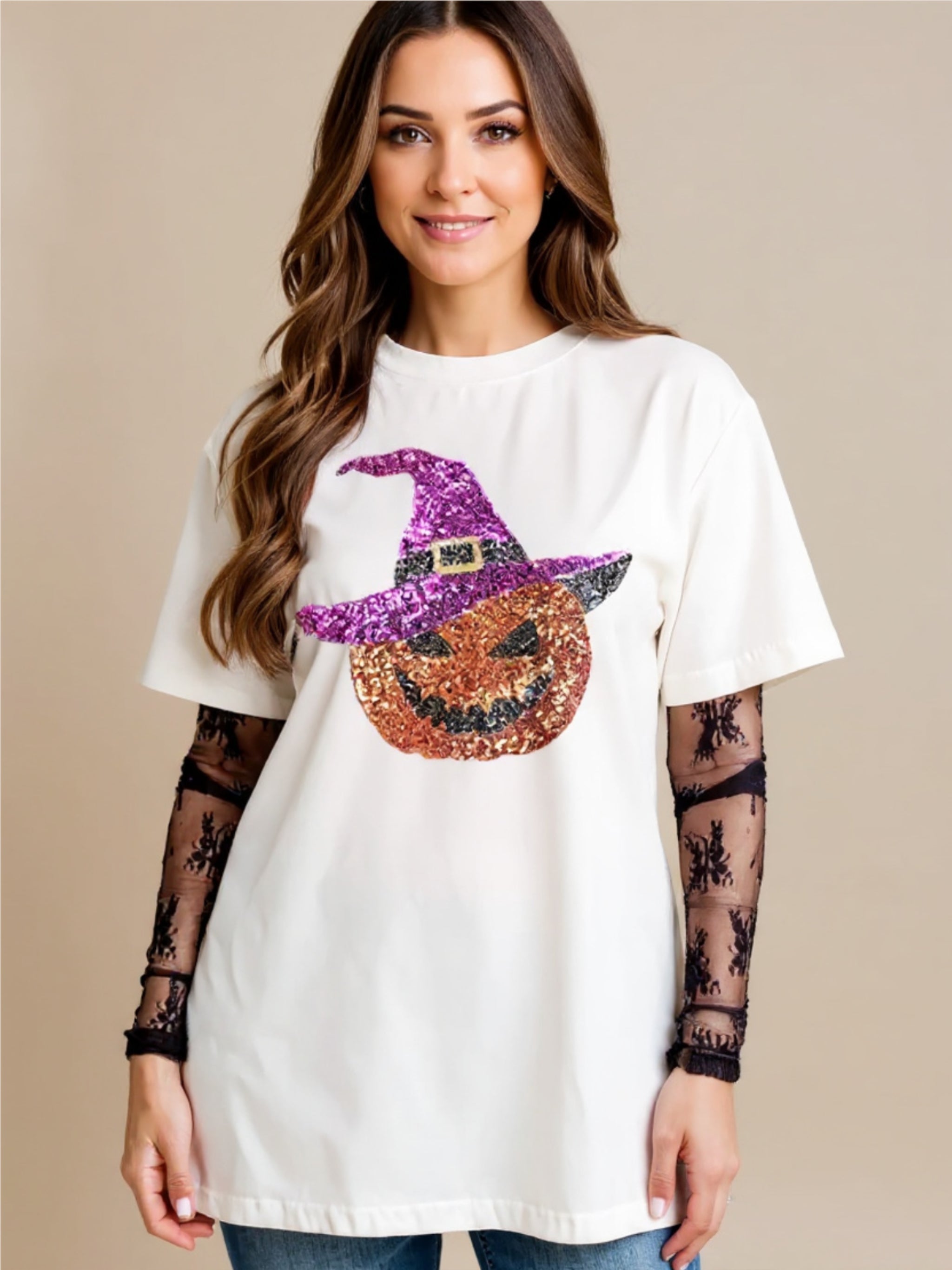 Sequin Pumpkin Round Neck Short Sleeve T-Shirt
