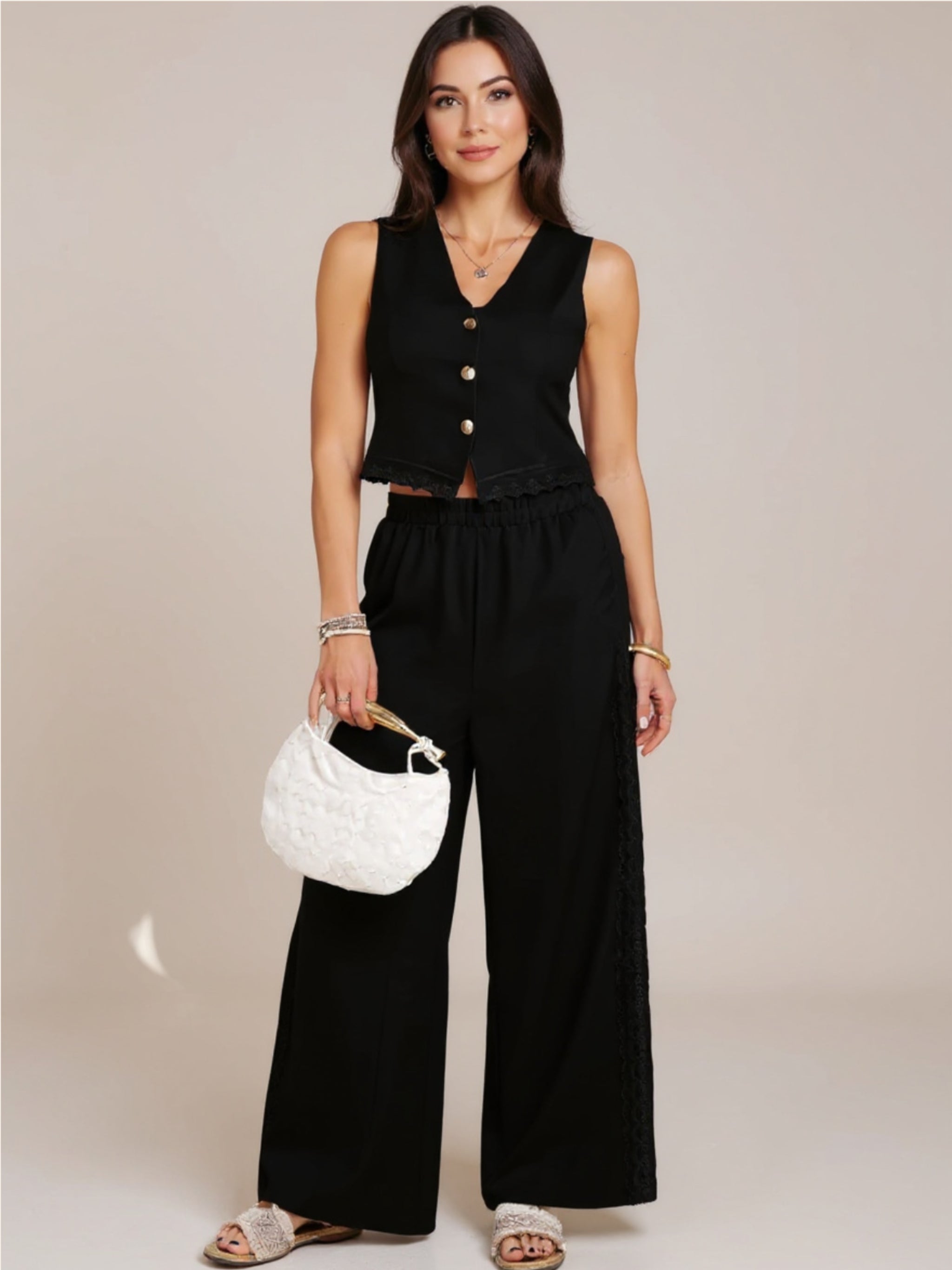Button Down Lace Detailed Vest & Pants Set