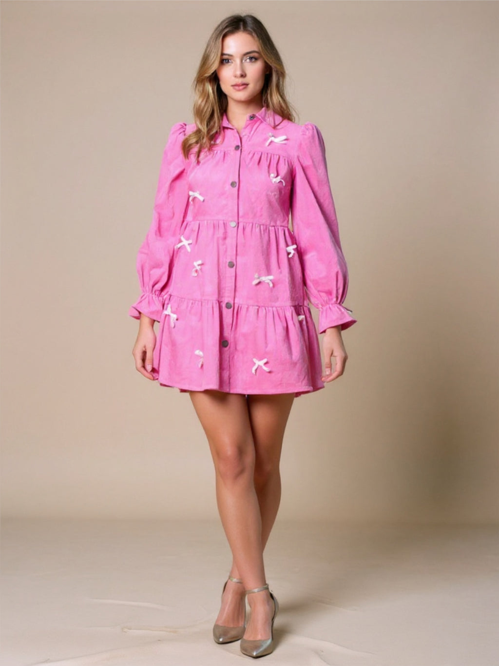 Collared Neck Flounce Sleeve Mini Dress with Bow Accents