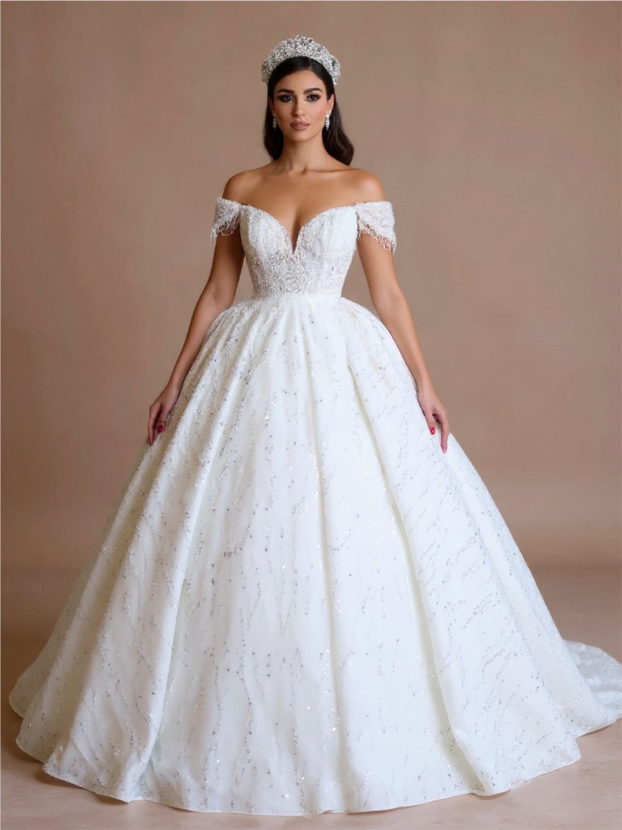 Off The Shoulder Lace Ball Gown Wedding Dress