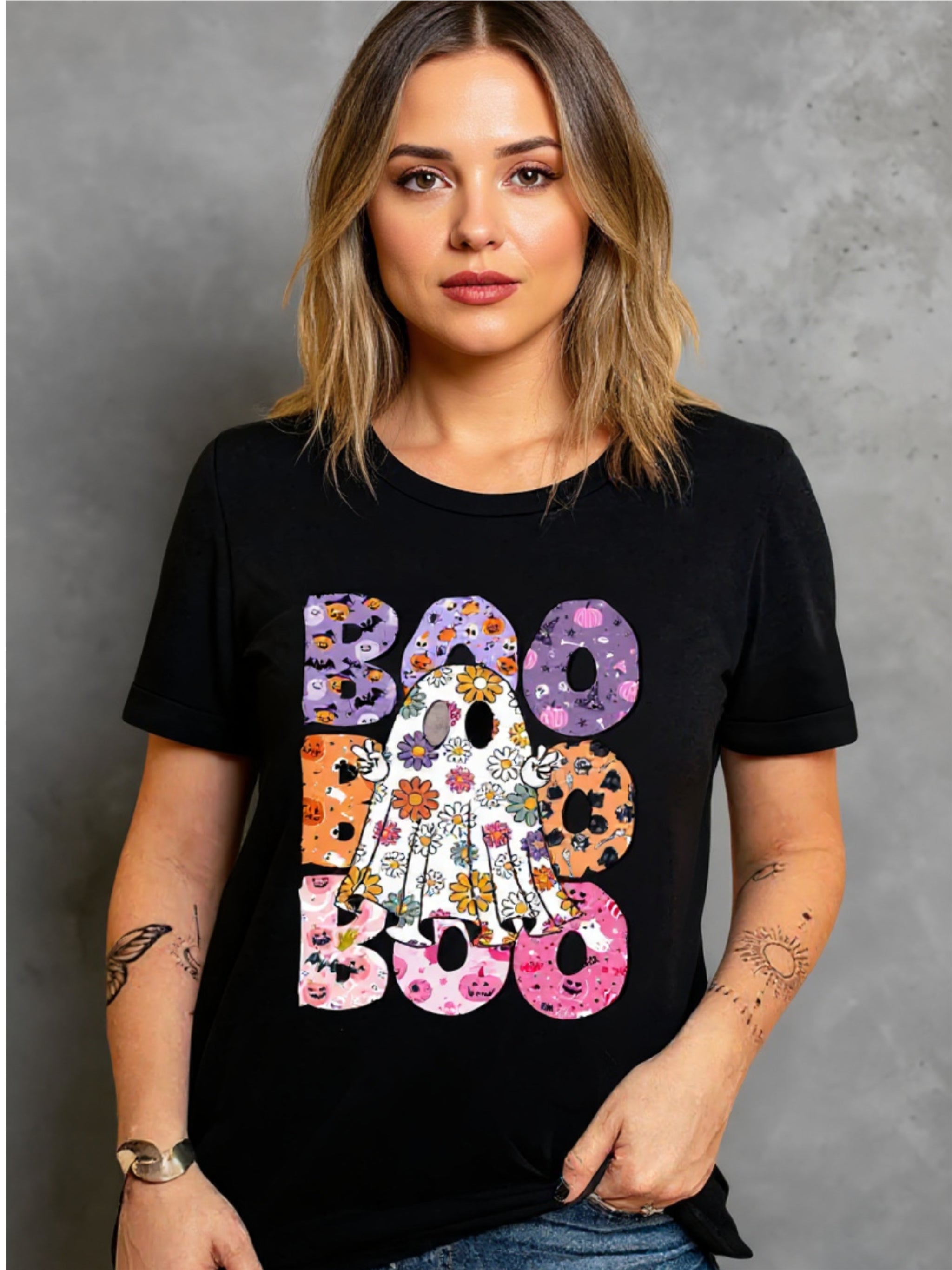 BOO Ghost Graphic Round Neck Short Sleeve T-Shirt