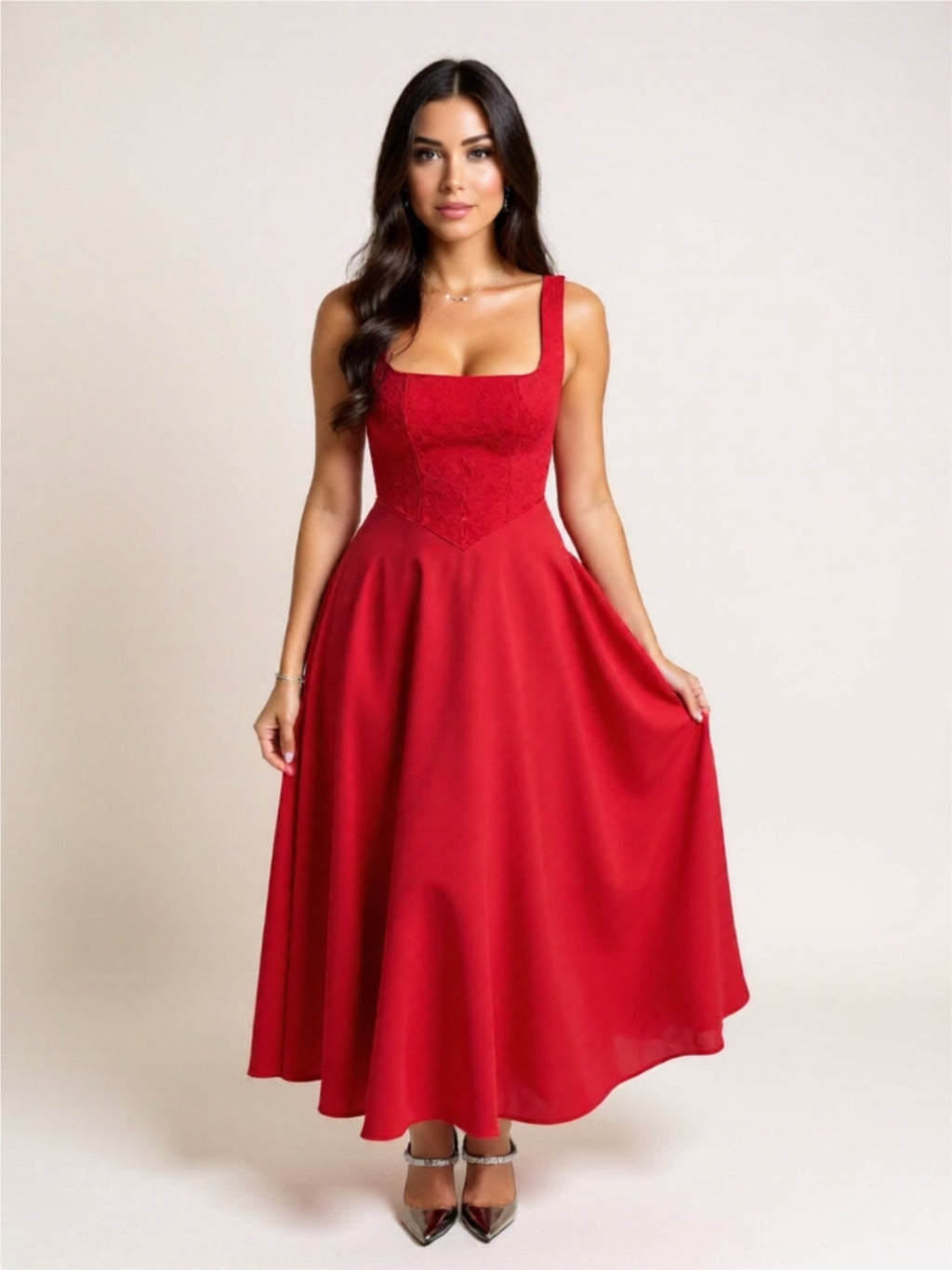 Elegant Square Neck Midi Dress – Fitted Bodice & Flowing Skir