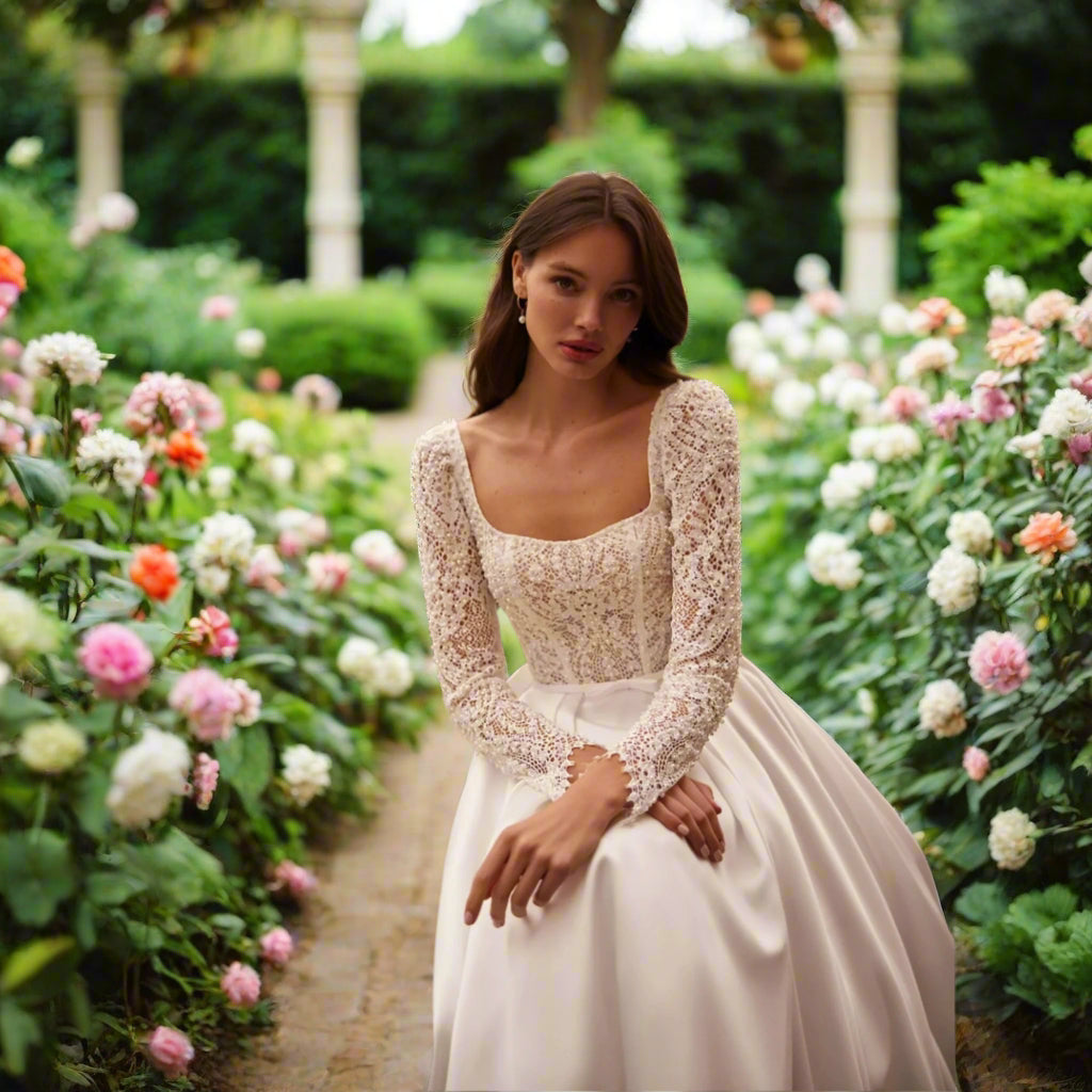 Long Sleeve A-line Satin Lace Wedding Dress