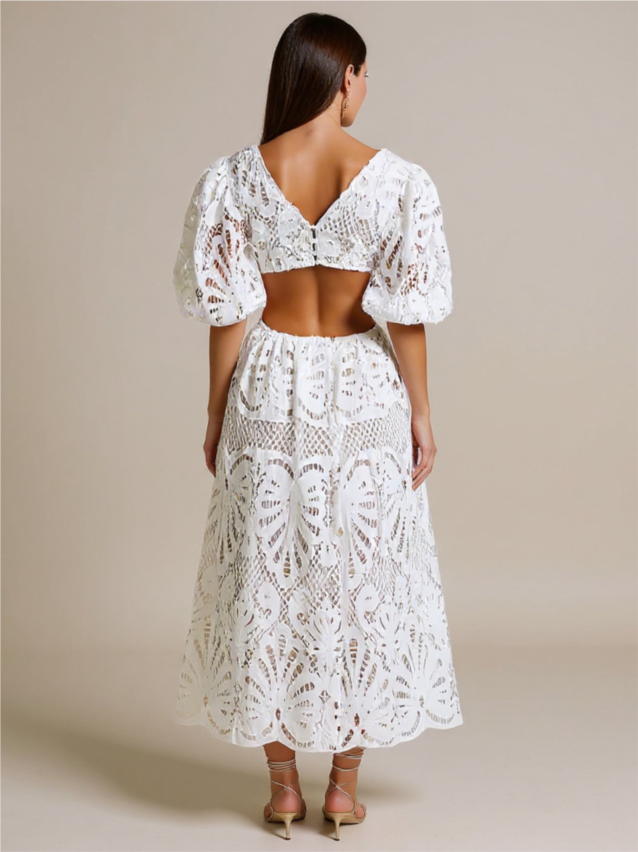 V-Neck Lace Puff Sleeve Dress