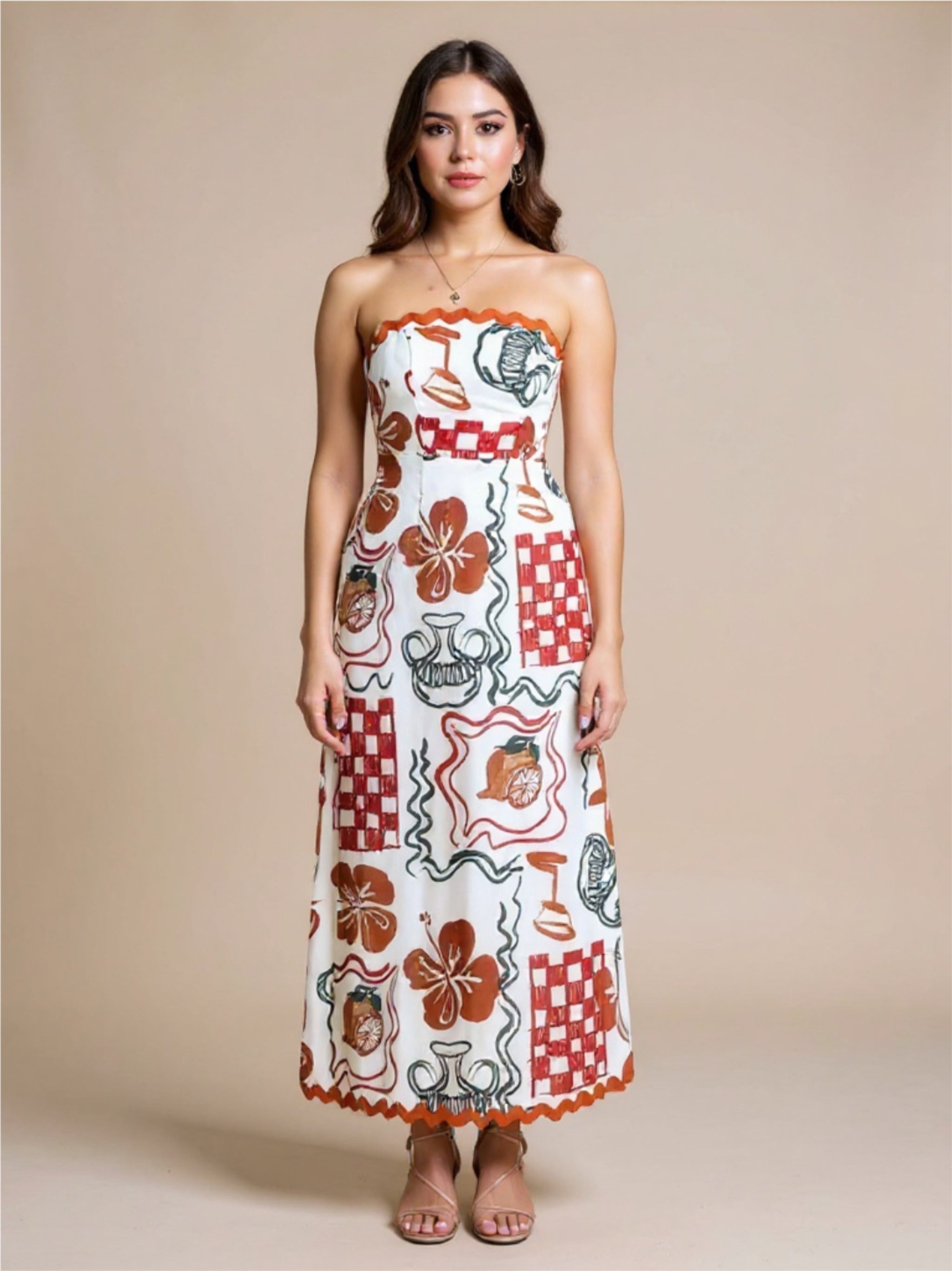 White Printed Strapless Maxi Dress