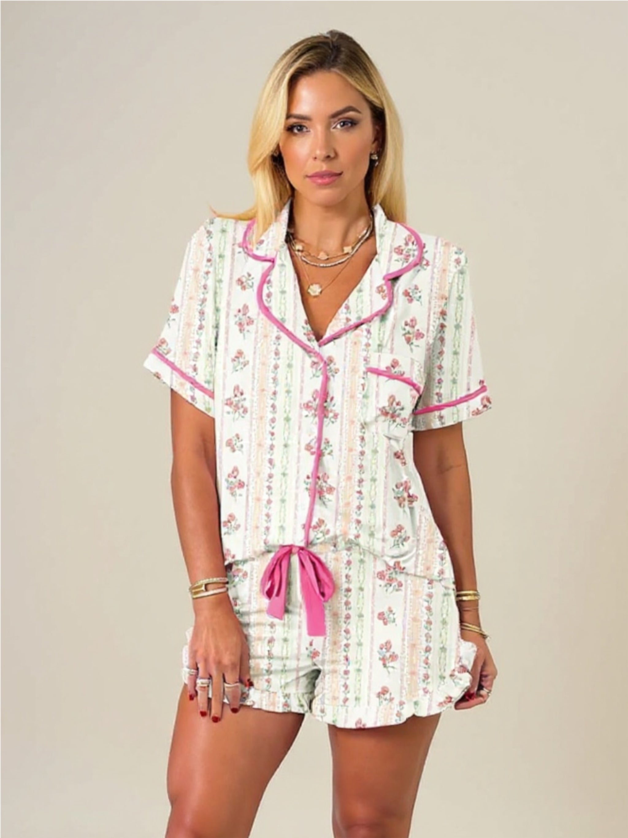 Printed Button Up Short Sleeve Top & Shorts Pajama Set