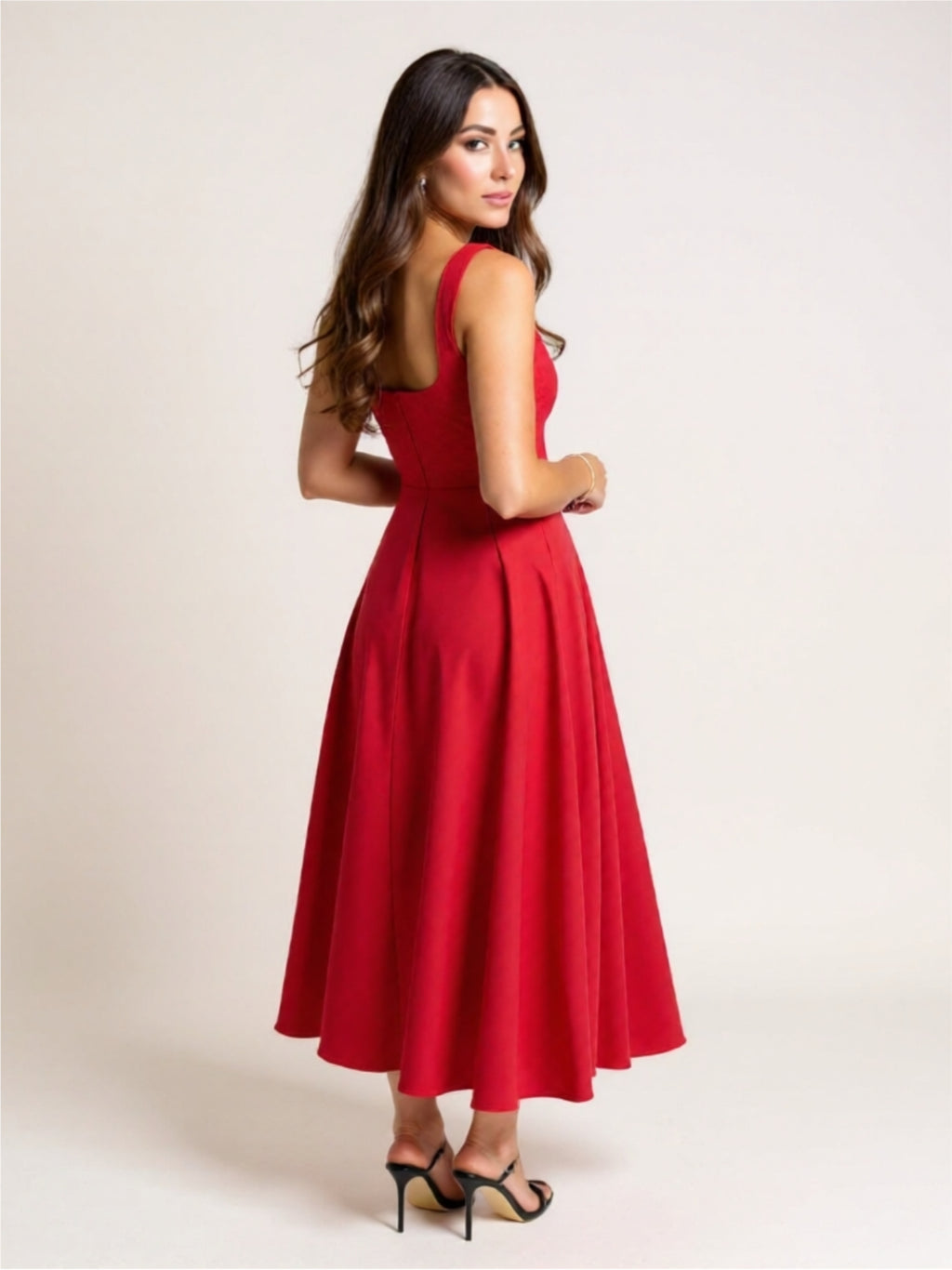Elegant Square Neck Midi Dress – Fitted Bodice & Flowing Skir
