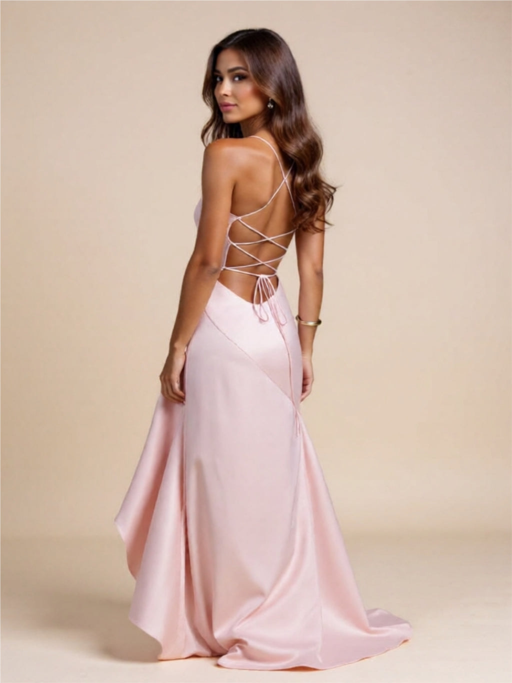 Graceful High-Low Evening Dress – Spaghetti Strap with Ruffle Hem