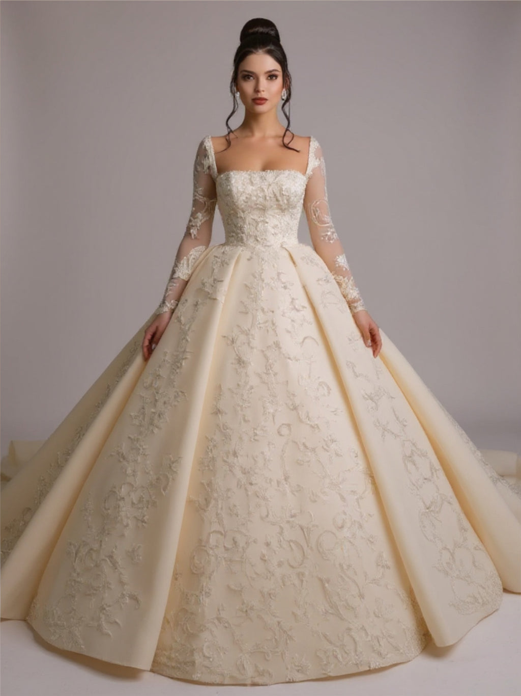 Crystal Beaded Long Sleeve Ball Gown Wedding Dress