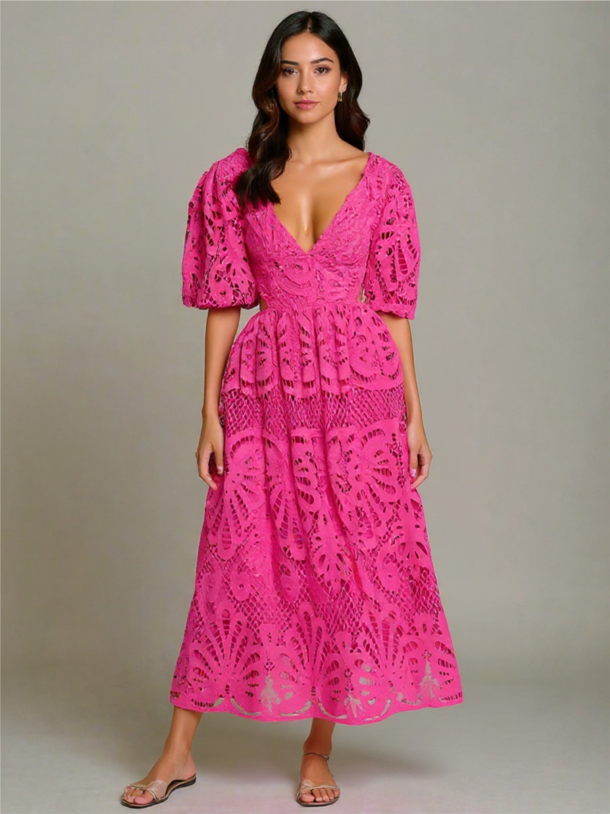 V-Neck Lace Puff Sleeve Dress
