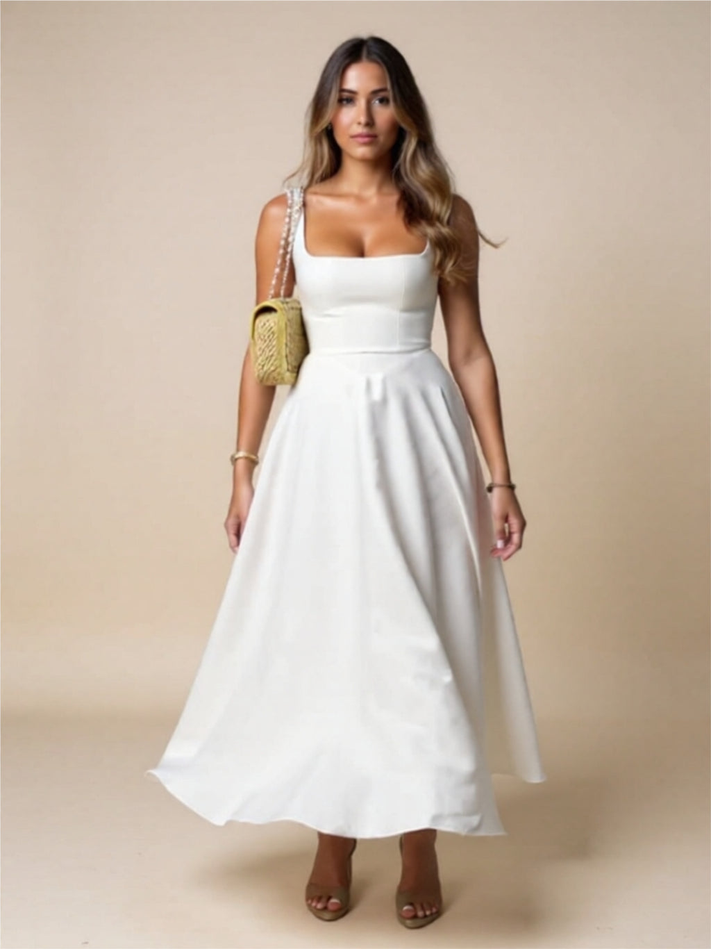 Elegant Square Neck Midi Dress – Fitted Bodice & Flowing Skir