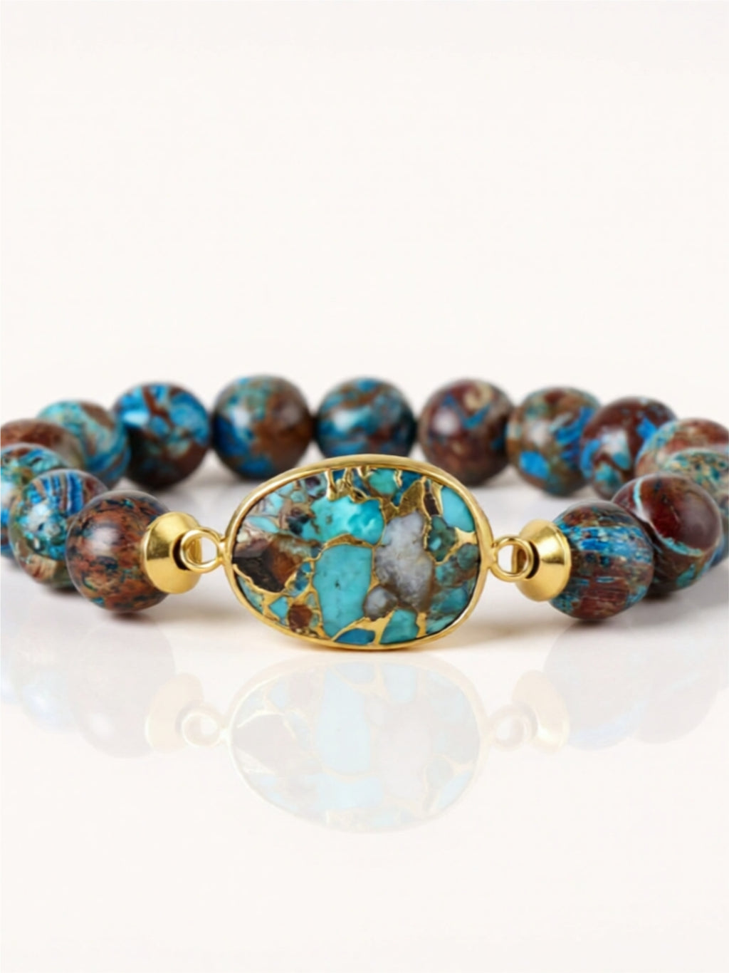Natural Stone Bracelet – Imperial Jasper or Amazonite Beaded Design with Gold Accents