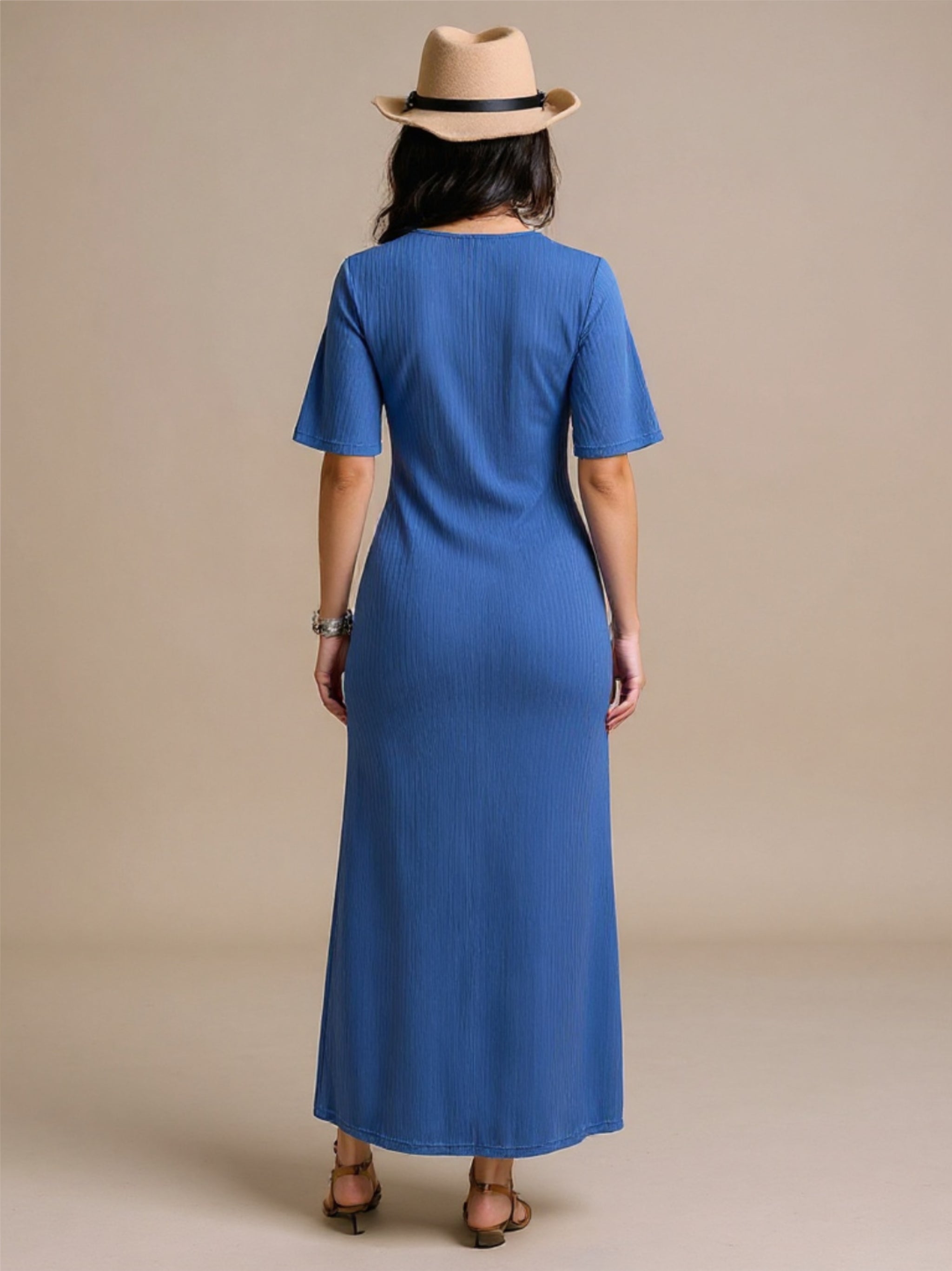 Blue Short Sleeve Maxi Dress with Side Slit