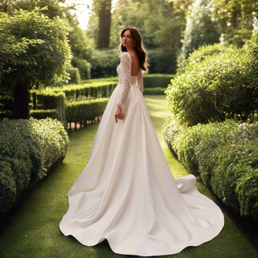 Long Sleeve A-line Satin Lace Wedding Dress