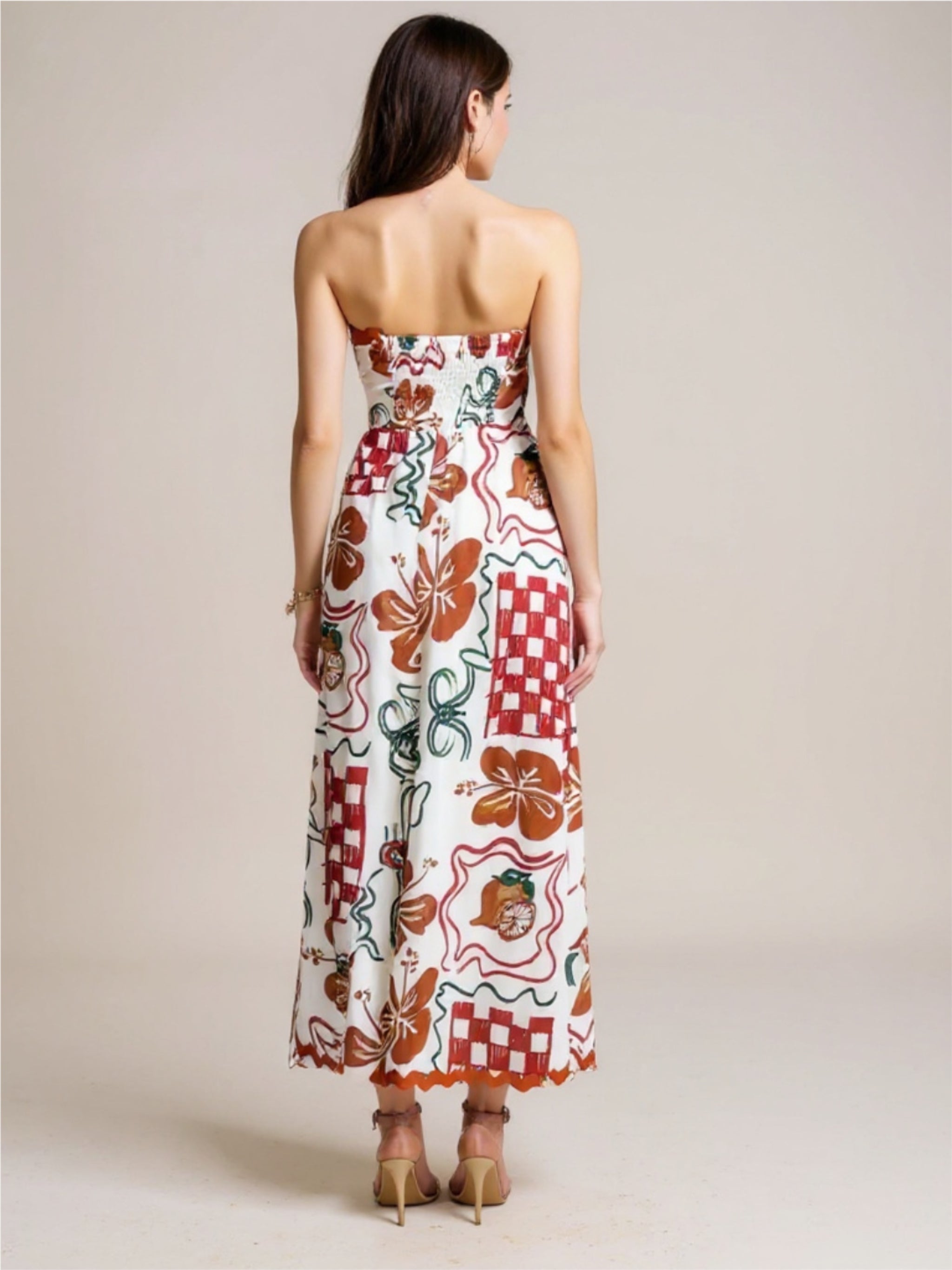 White Printed Strapless Maxi Dress